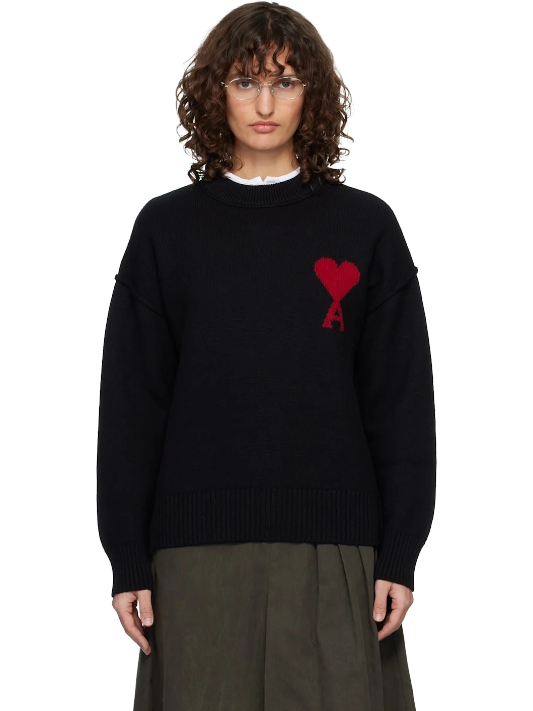 Black Wool Crewneck Ami de Coeur Sweater - 1
