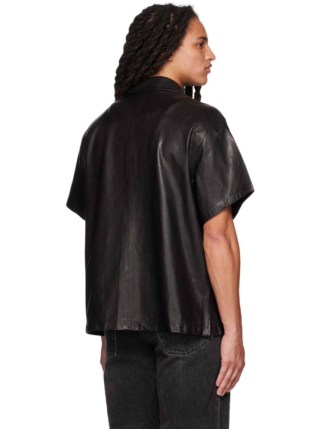 Black Spread Collar Leather Shirt - 3