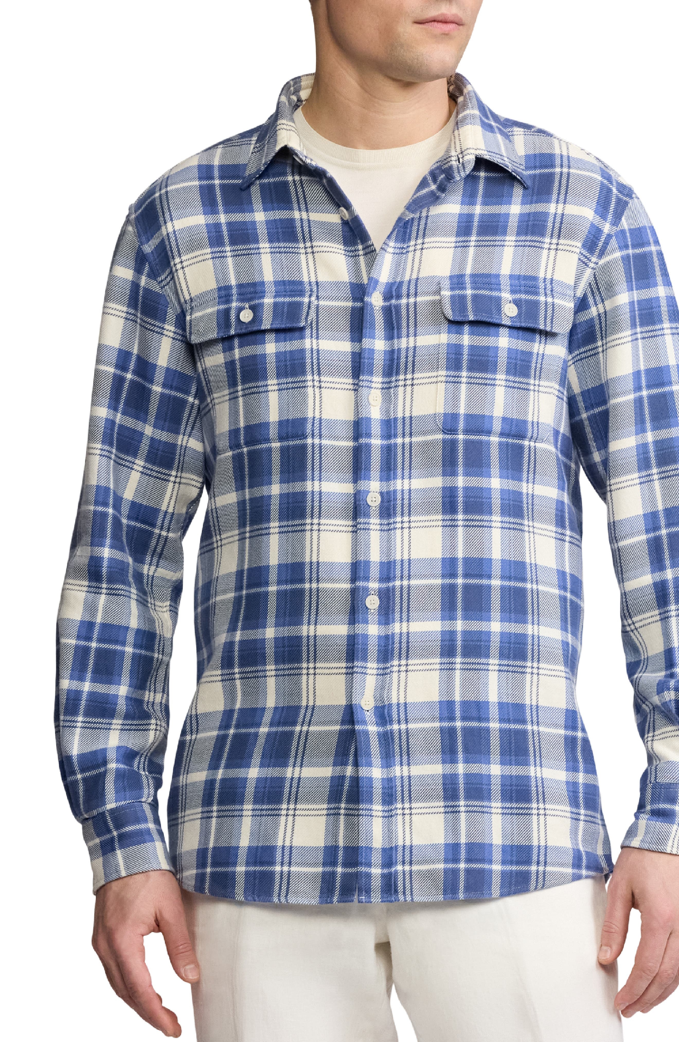 Ralph Lauren Purple Label Plaid Cotton Twill Button-Up Shirt in Blue /Cream at Nordstrom - 1