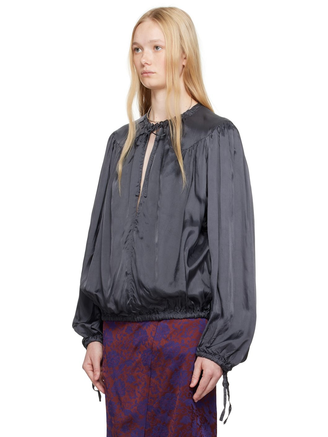 Gray Drawstring Blouse - 4