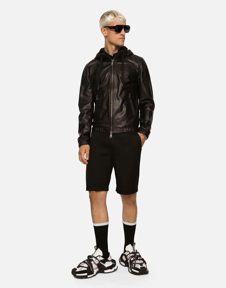 Leather jacket with hood and branded tag - 3