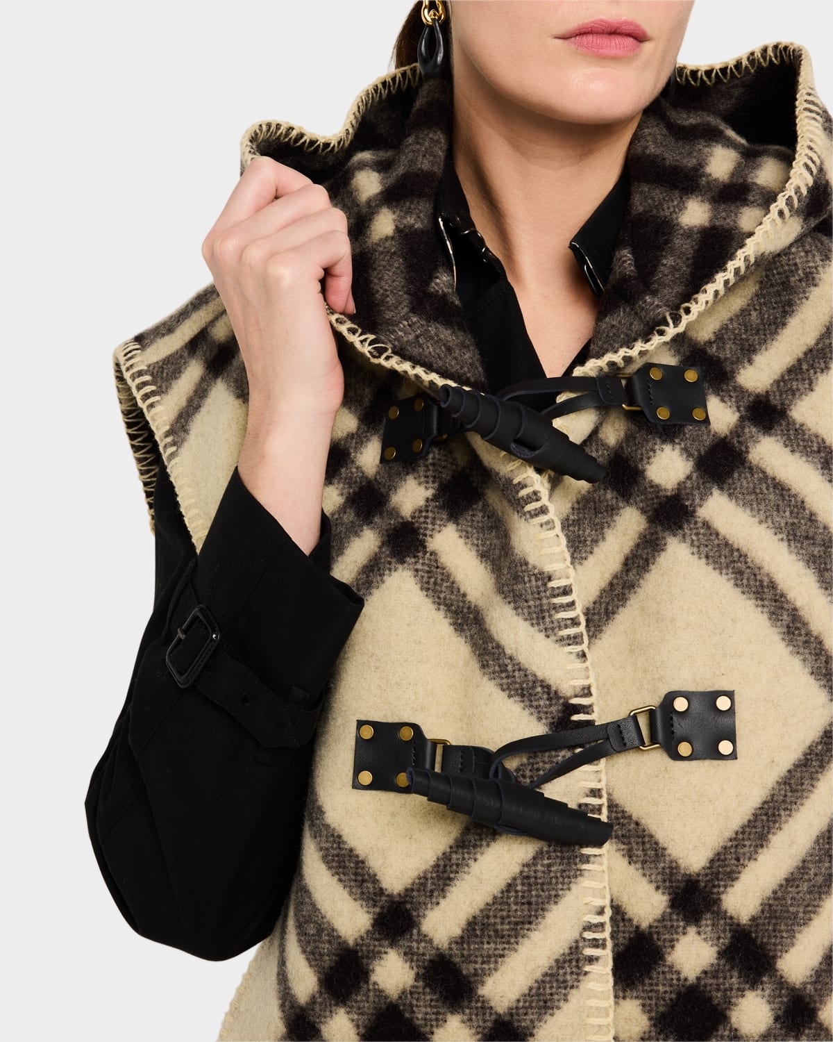 Calf Leather Check-Print Hooded Cape - 5