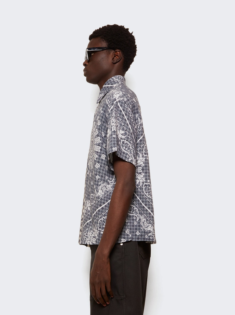 Split Gingham Bandana Button Up Shirt Black And White - 3