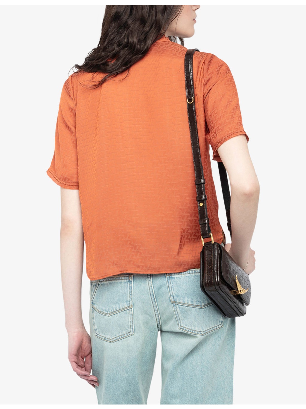 Short-Sleeved Frill-Collar Satin Shirt - 3