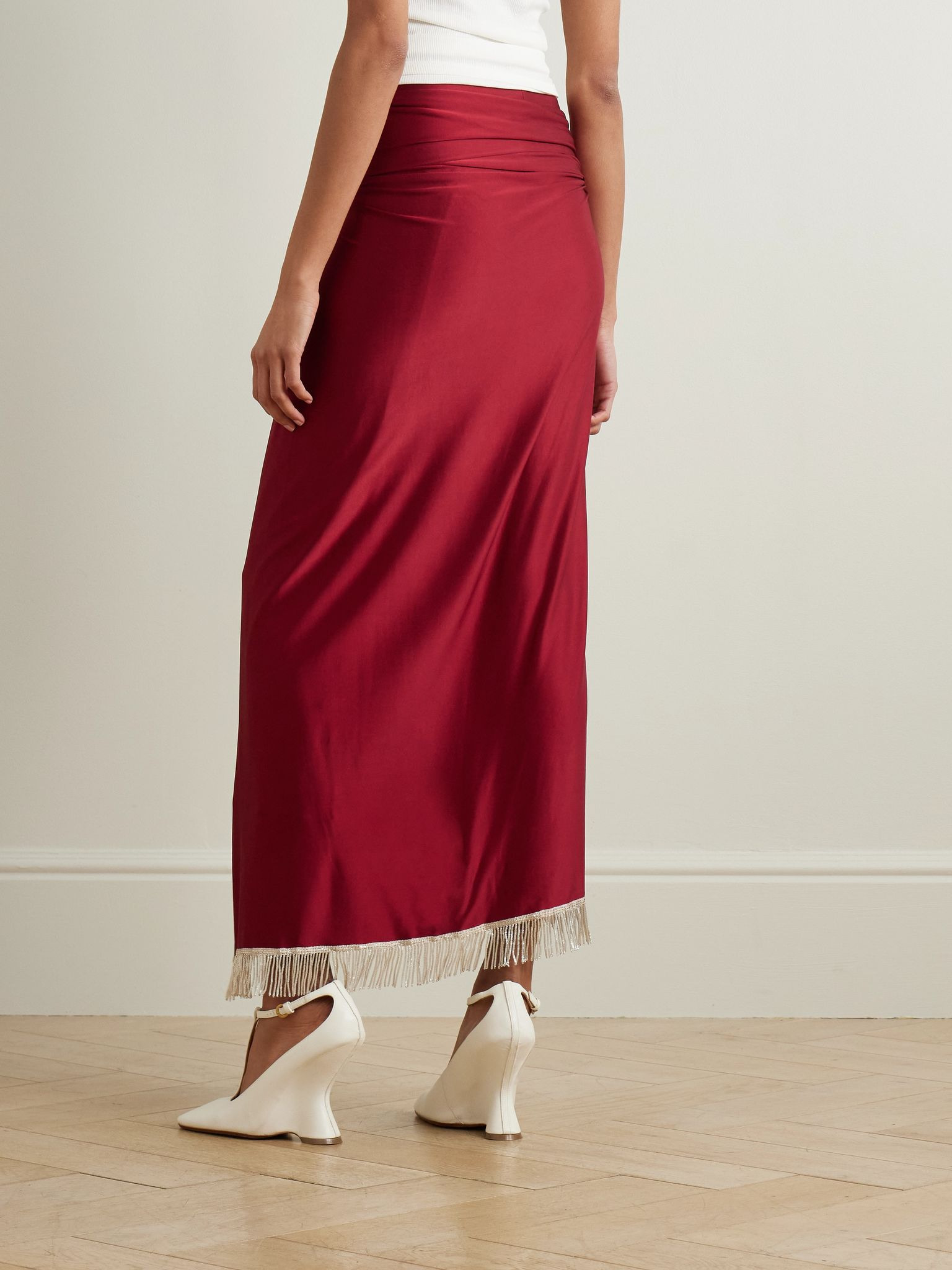 Fringed embellished satin-jersey midi skirt Red - 3