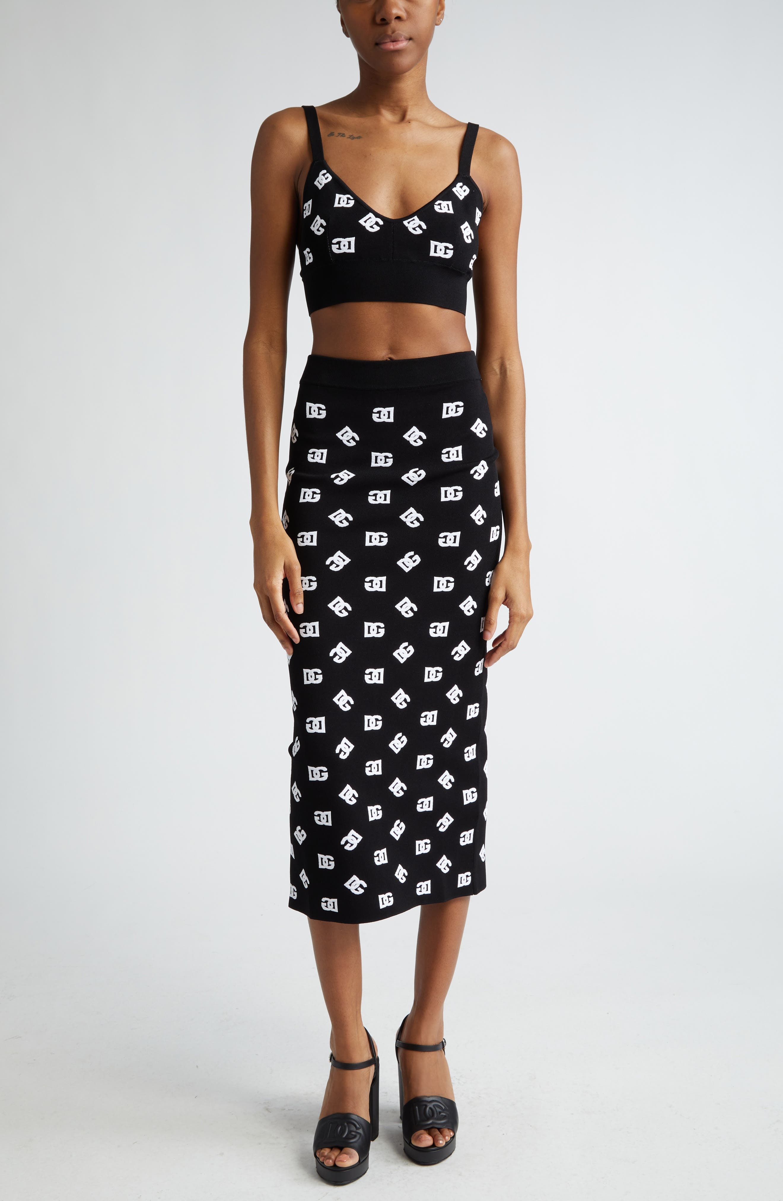 Dolce&Gabbana Monogram Jacquard Midi Sweater Skirt in Nero/Bianco at Nordstrom - 2