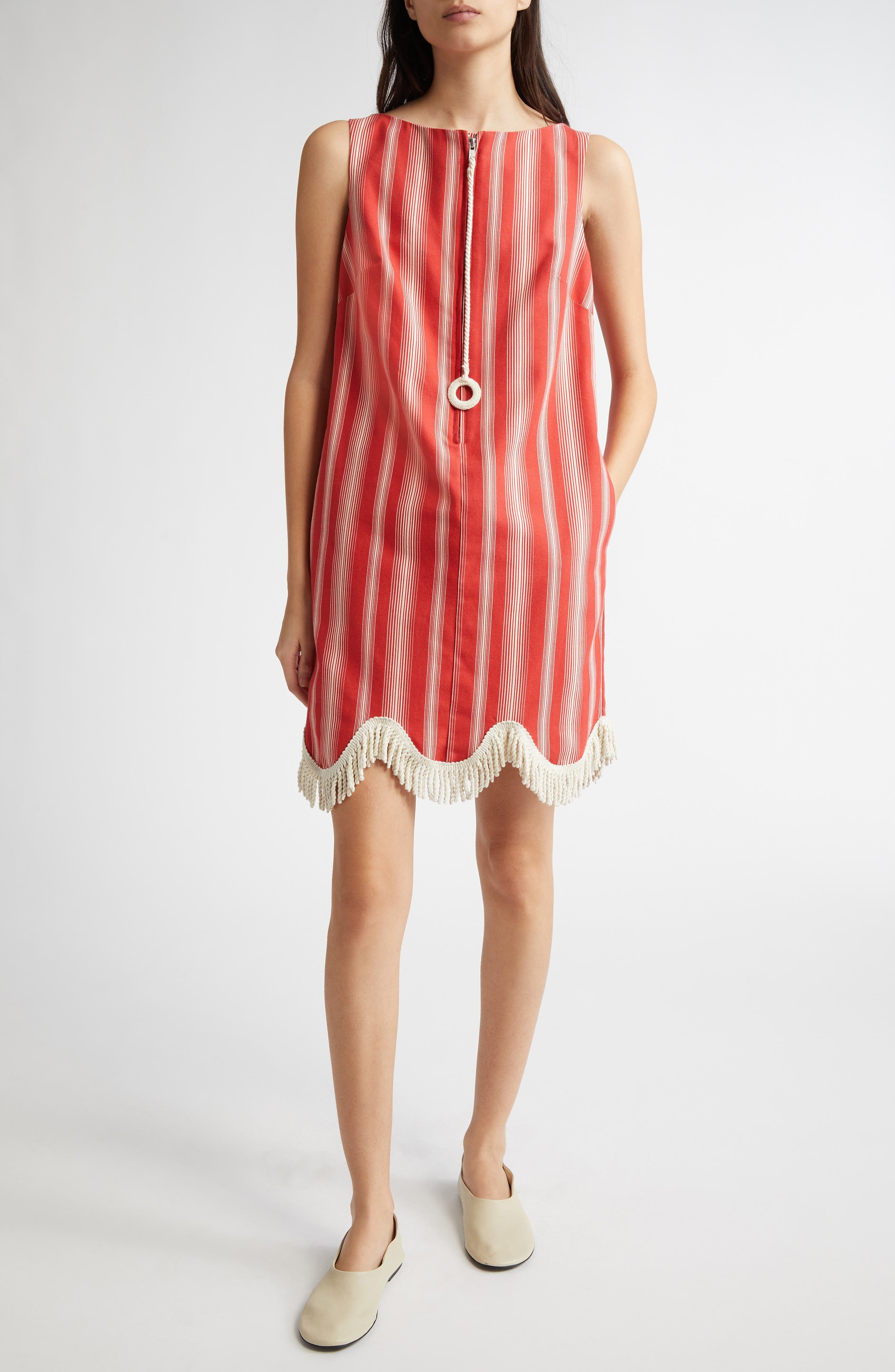 Bode Parasol Stripe Cotton Shift Dress in Red/White at Nordstrom - 1