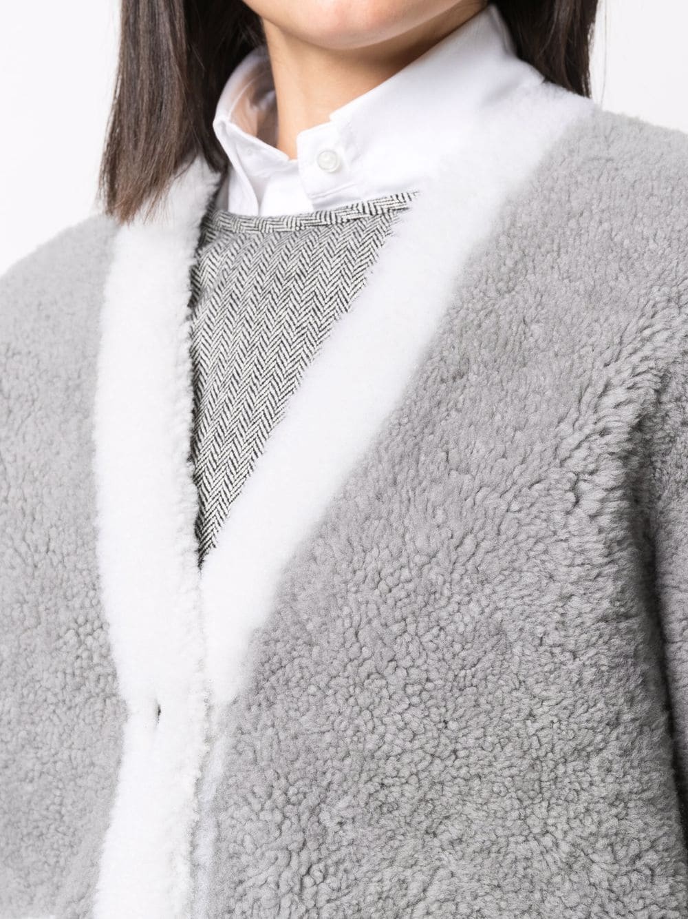 V-neck contrast-trim shearling cardigan jacket - 5