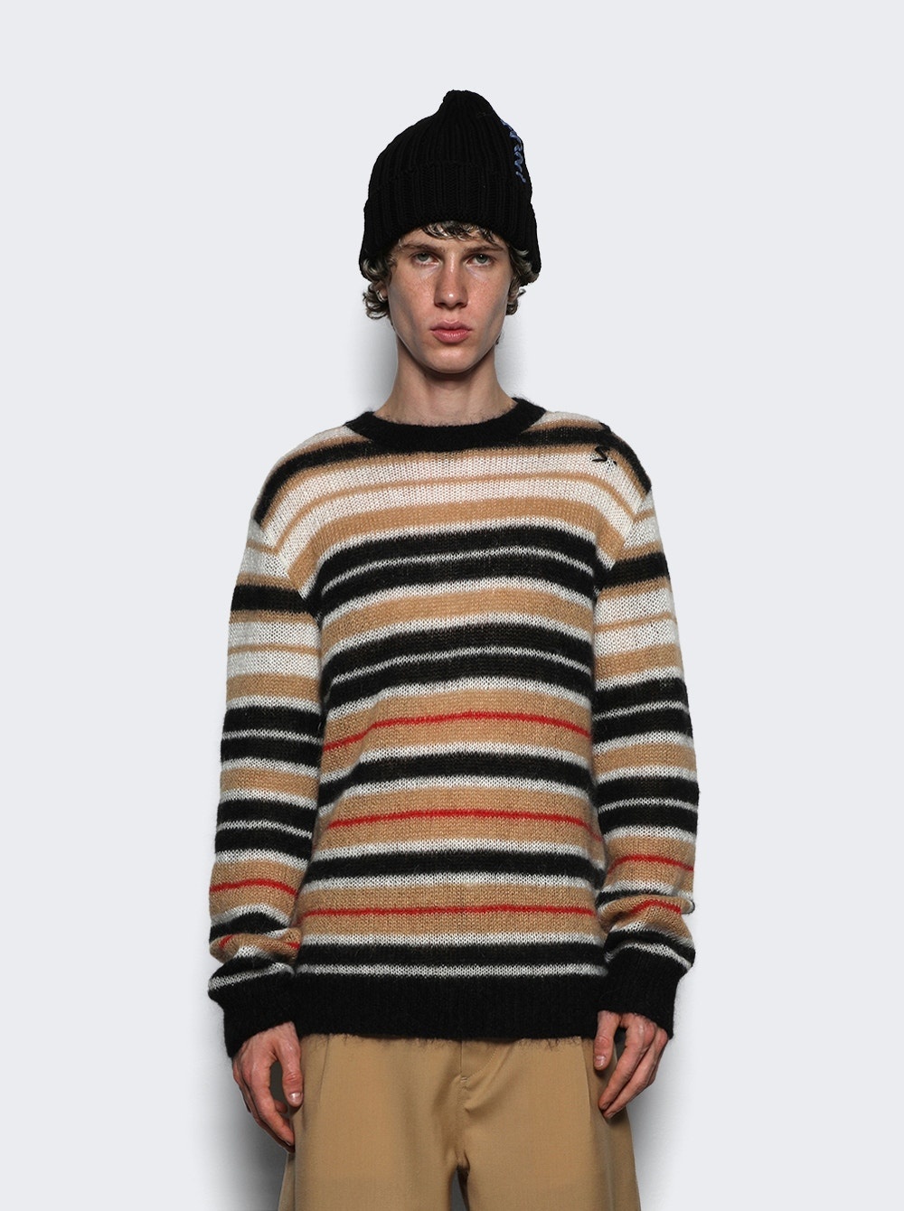 Striped Brushed Mohair Sweater Beige And Black - 3