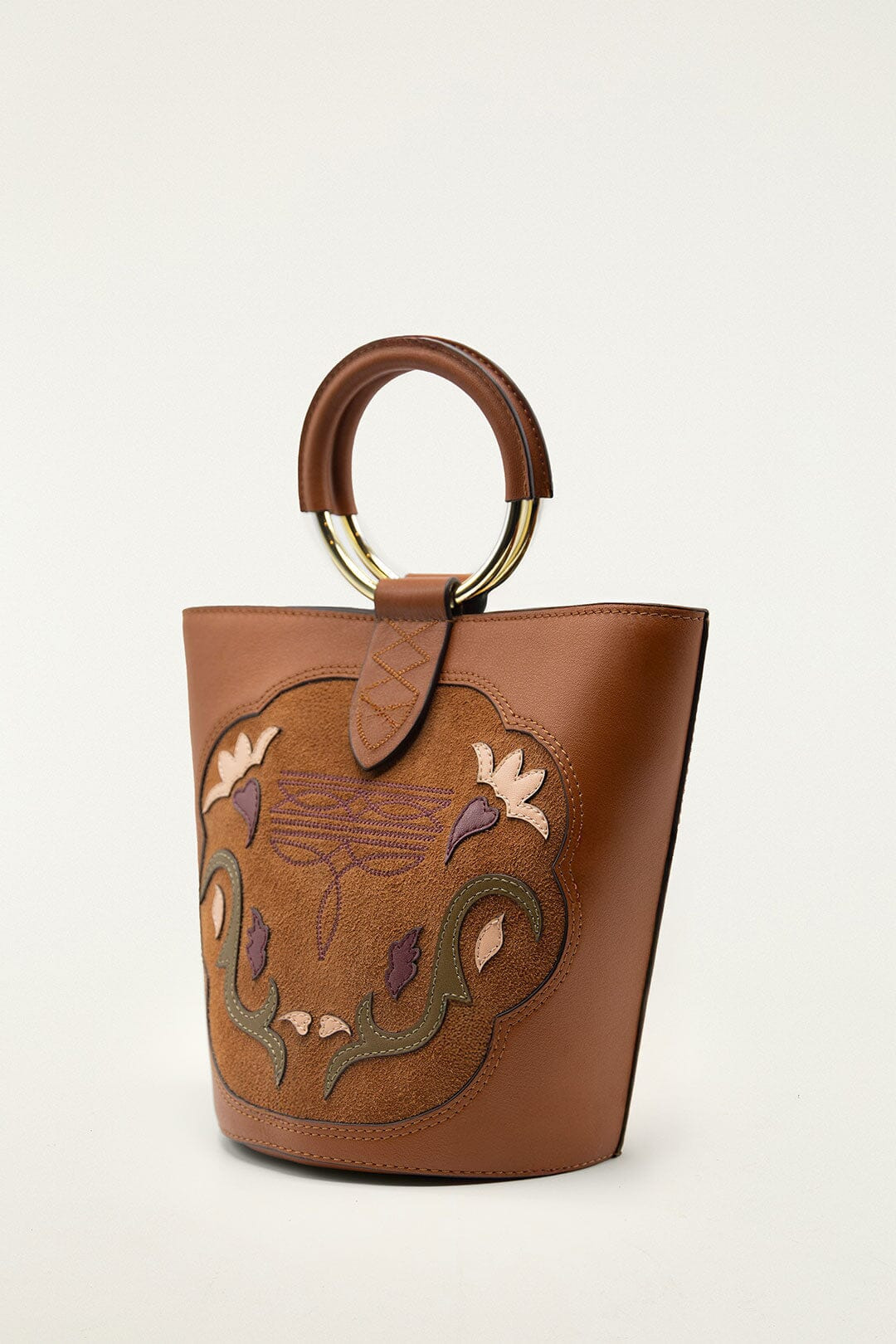 Brown Western Embroidered Leather Bucket Bag - 2