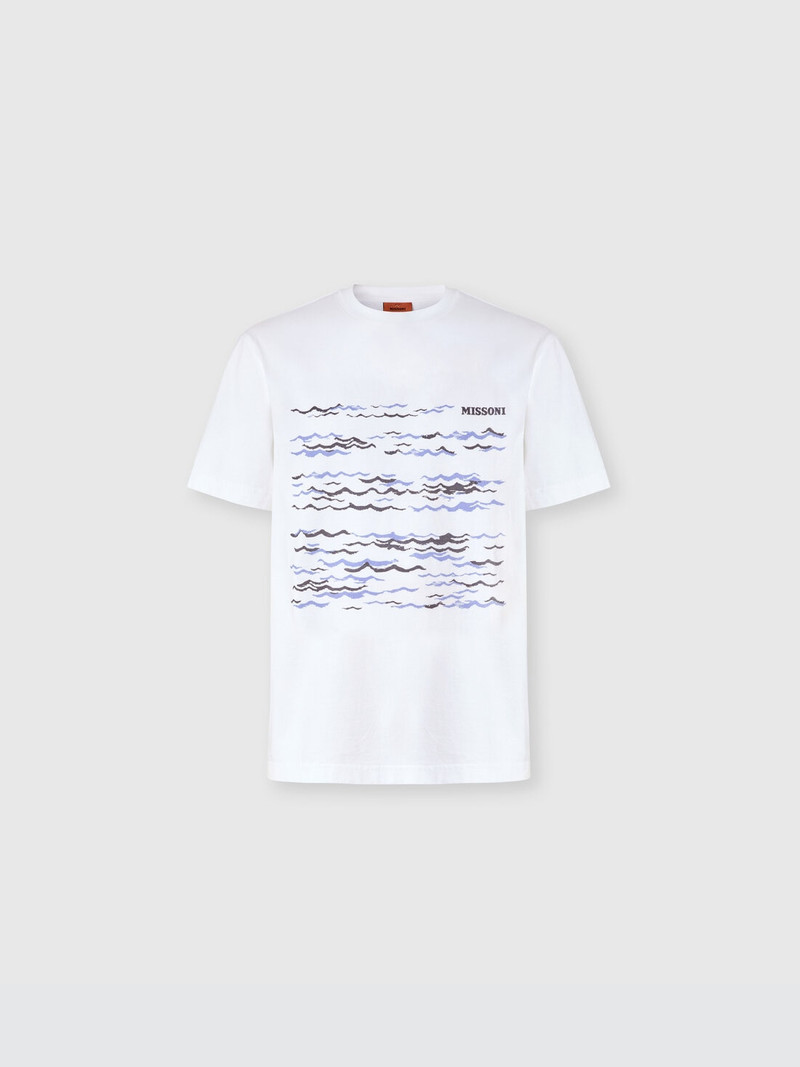 Crew-neck cotton T-shirt with wave print and logo 1