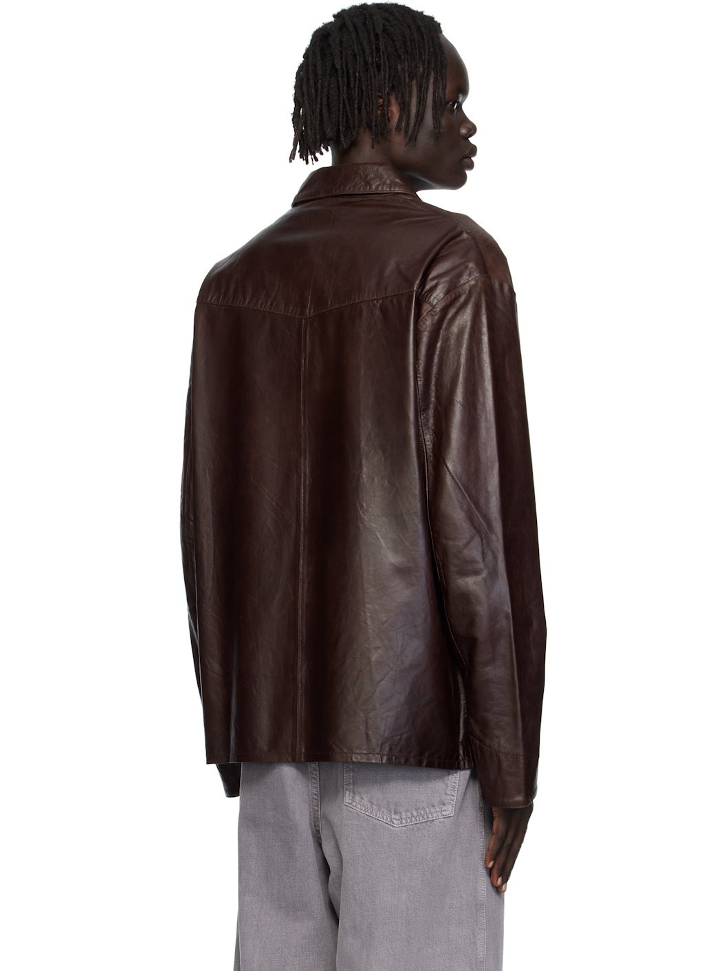 Brown Relaxed Leather Overshirt - 3
