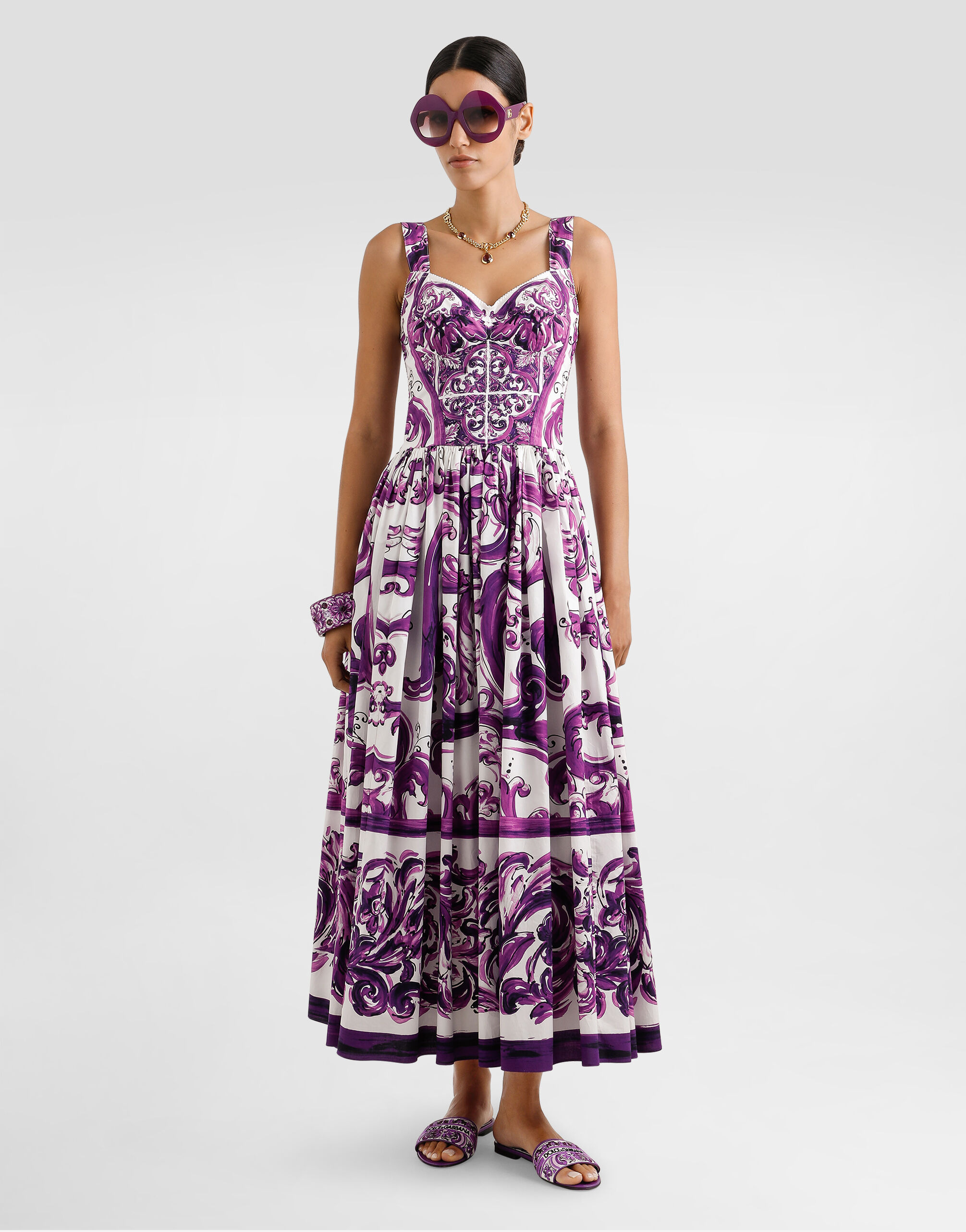Long poplin dress with Majolica print - 2