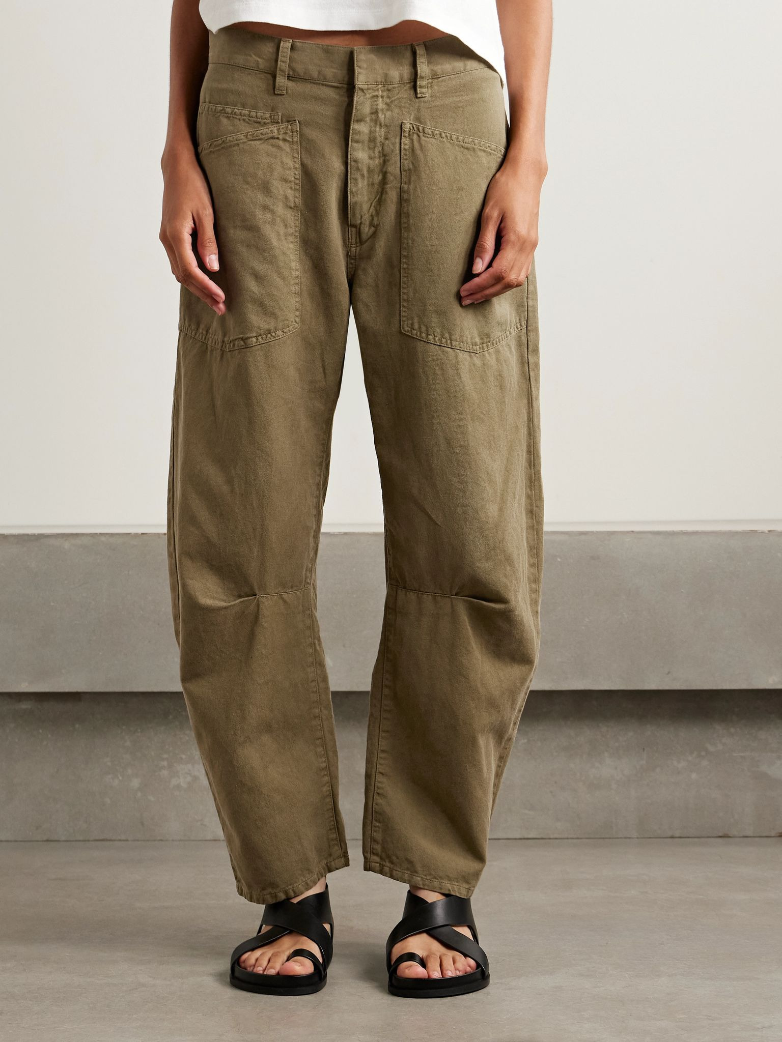 Shon cotton and linen-blend twill tapered pants Army green - 3