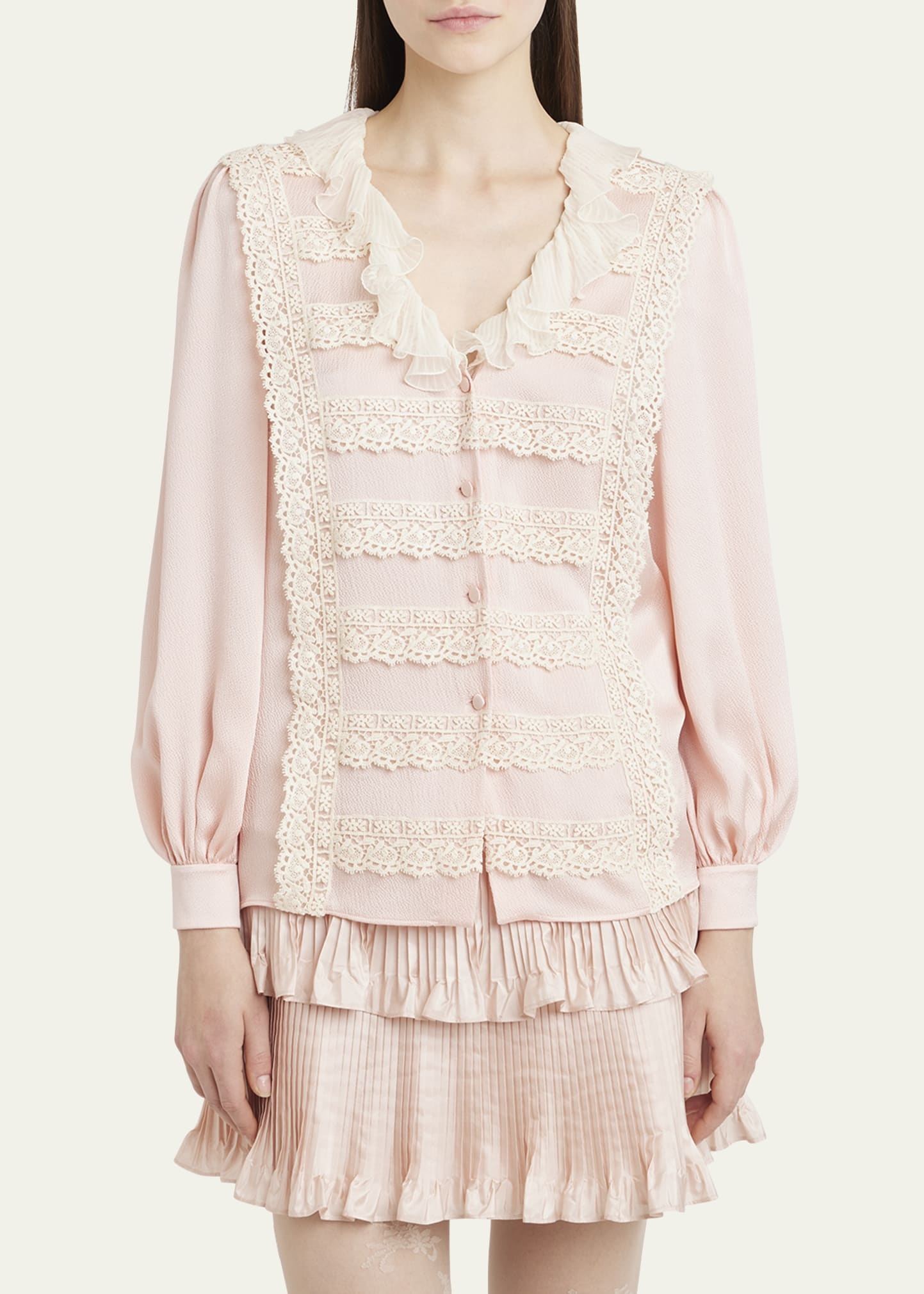 Ruffle V-Neck Lace Trim Silk Shirt - 4