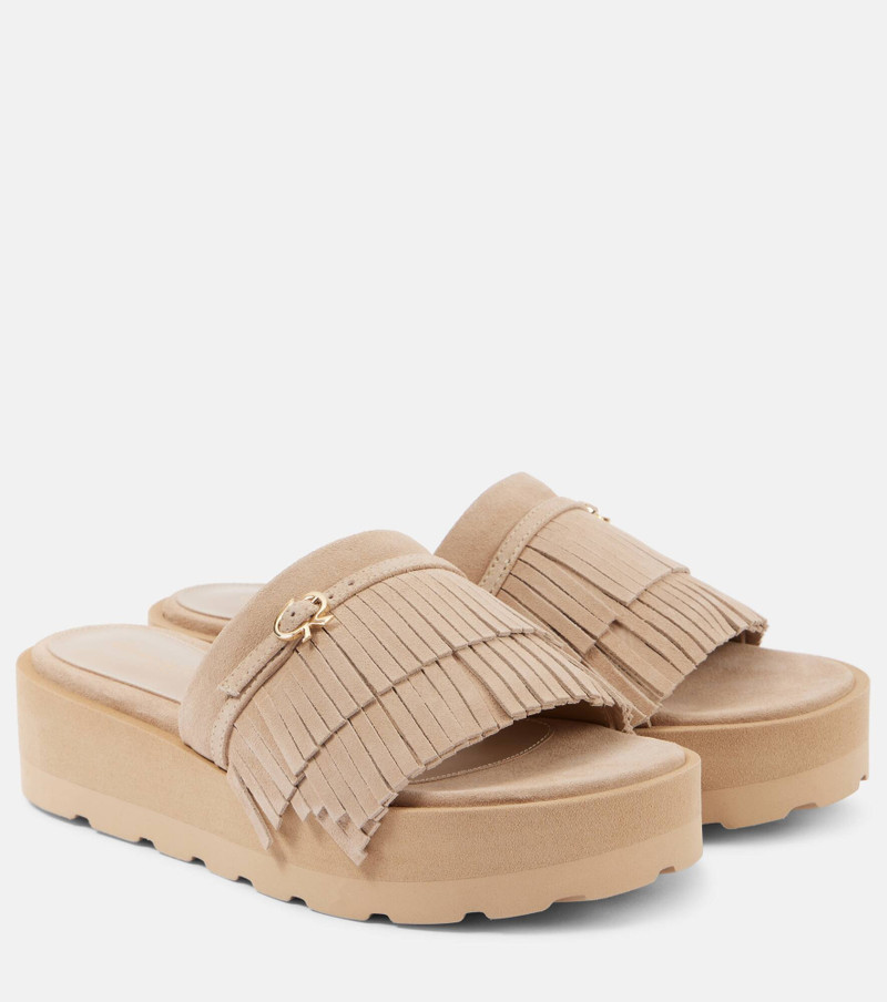 Fringed suede platform slides - 1