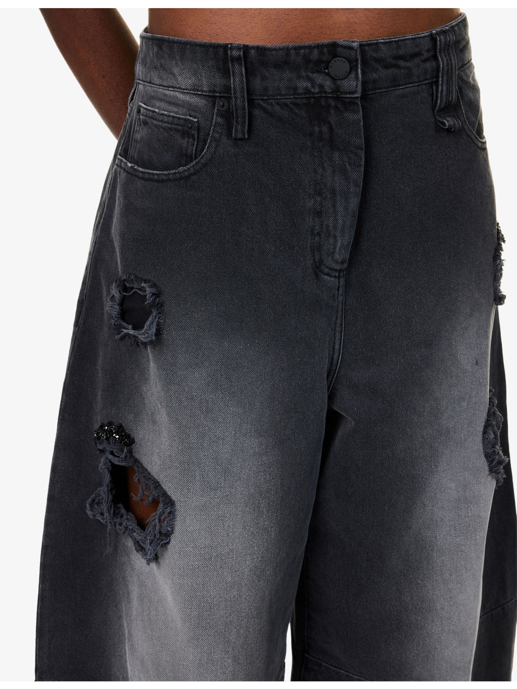 Embellished Distressed Wide-Leg Denim Jeans - 5