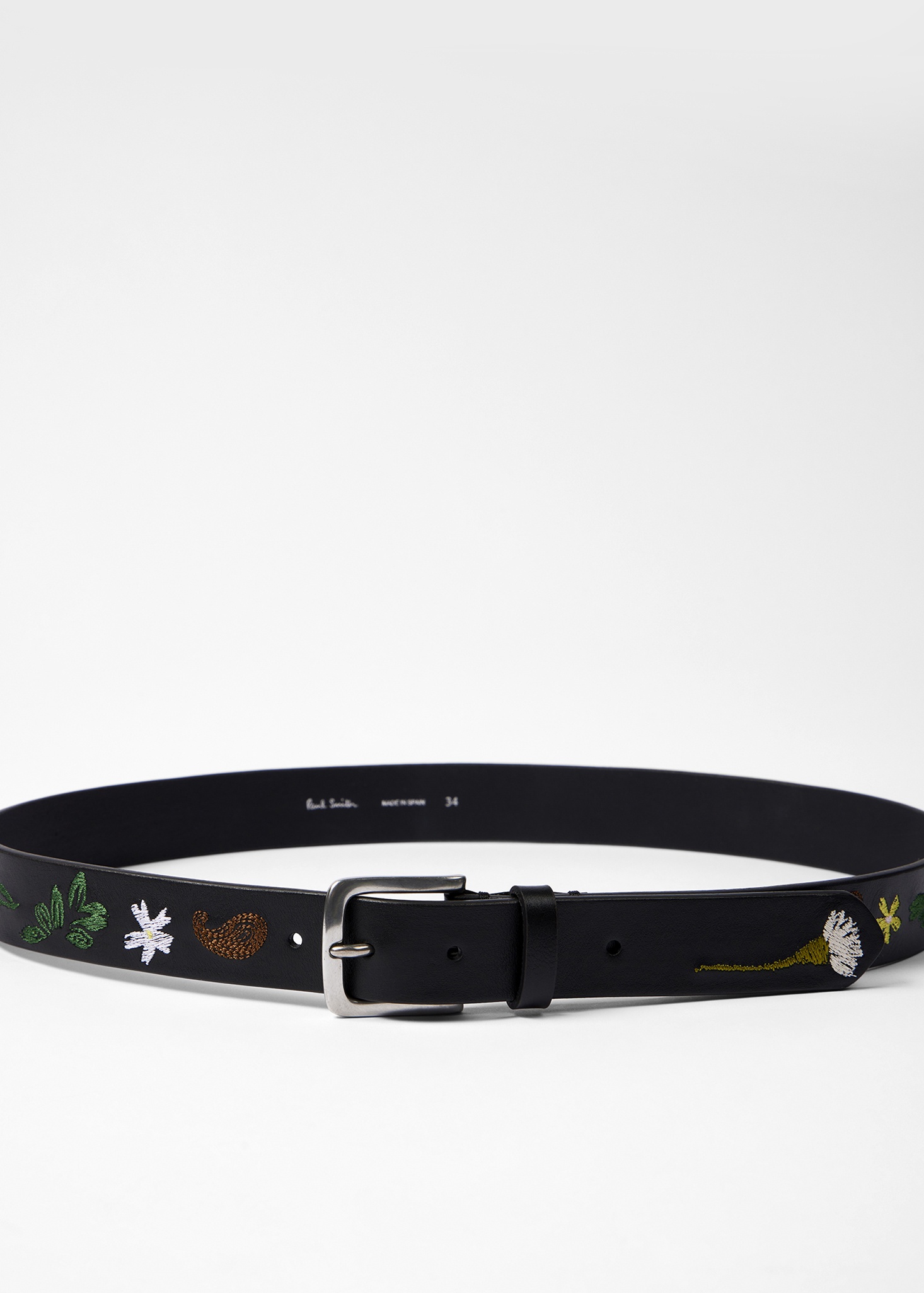Black Leather 'Contrast Floral' Embroidery Belt - 2