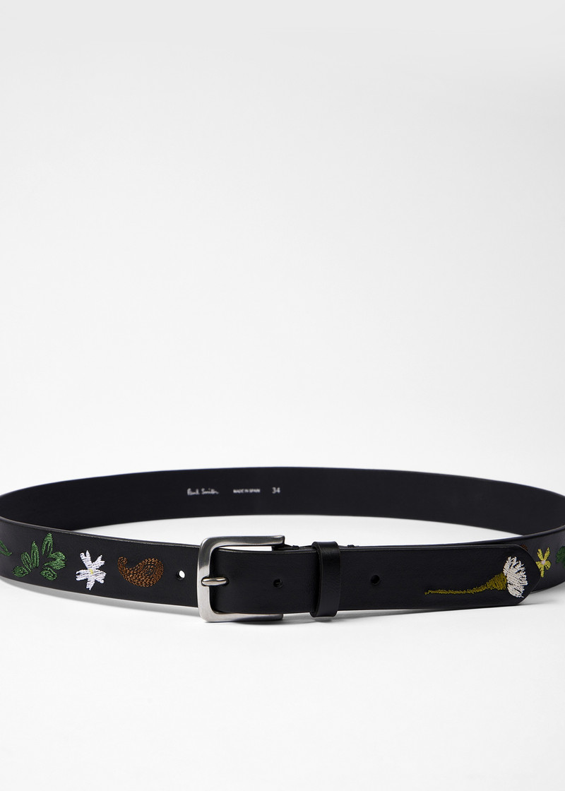 Paul Smith Black Leather 'Contrast Floral' Embroidery Belt outlook