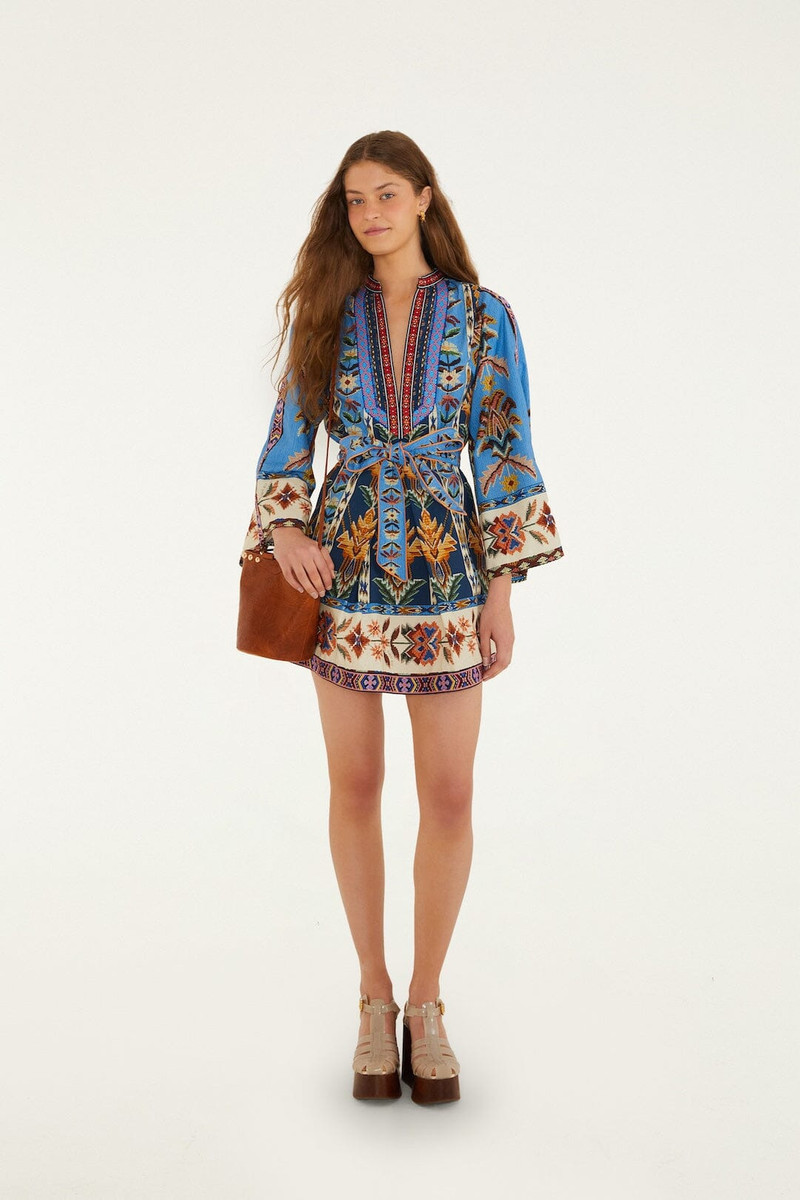 Blue Embroidered Tapestry Organic Cotton Mini Dress 1