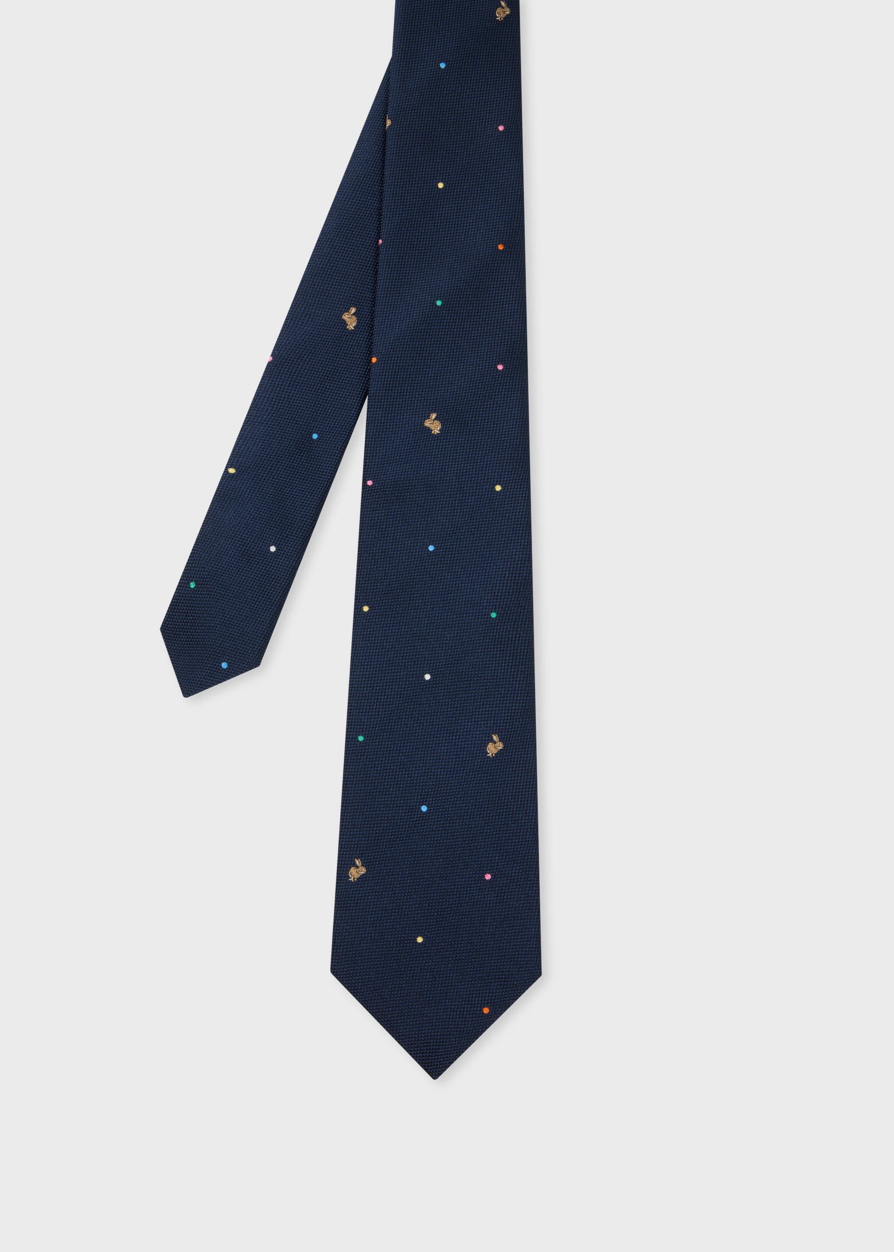 Navy Blue Silk 'Polka Dot Rabbit' Tie - 1
