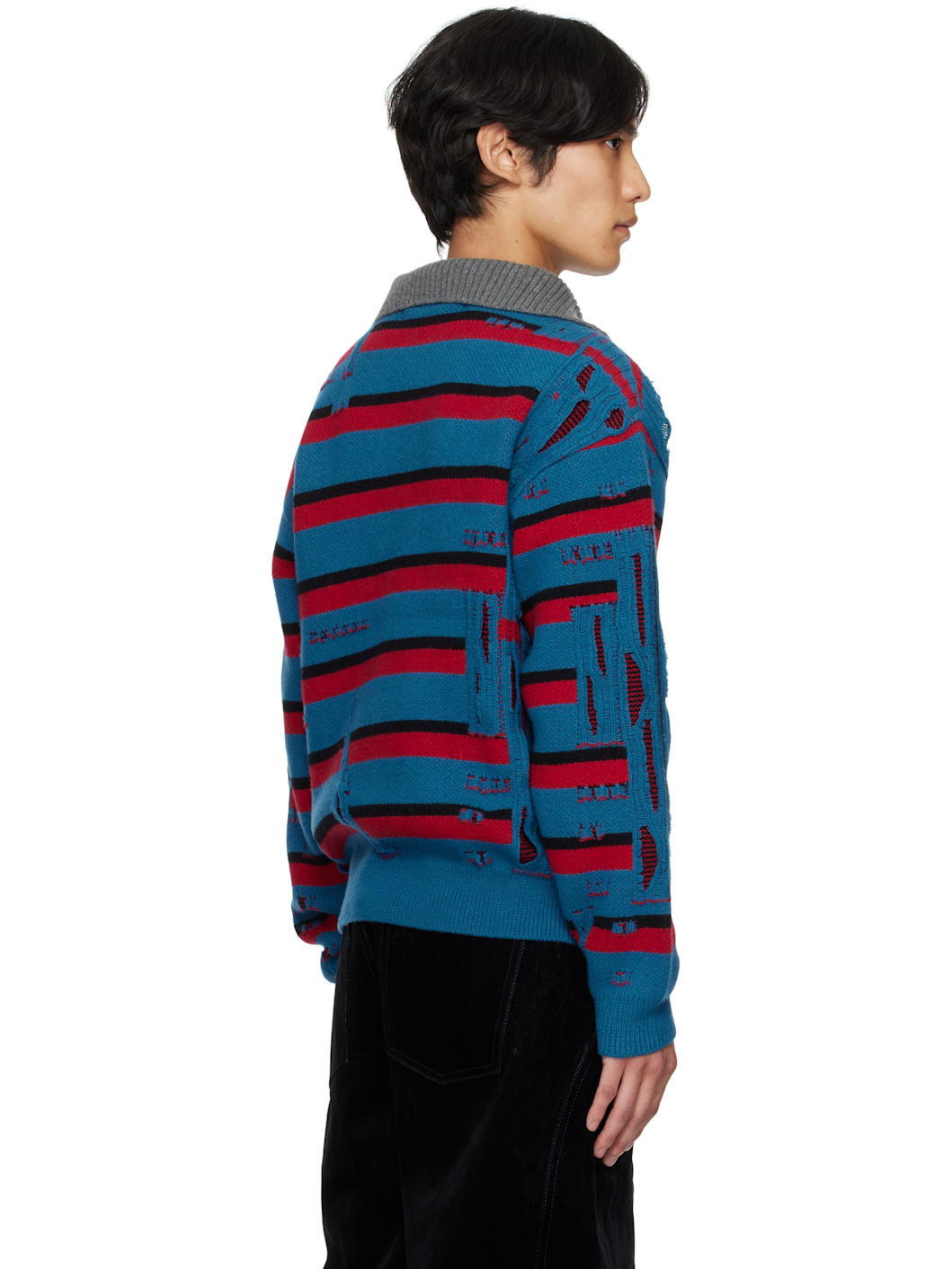 Blue & Red Stripe Jacquard Half Zip Sweater - 3