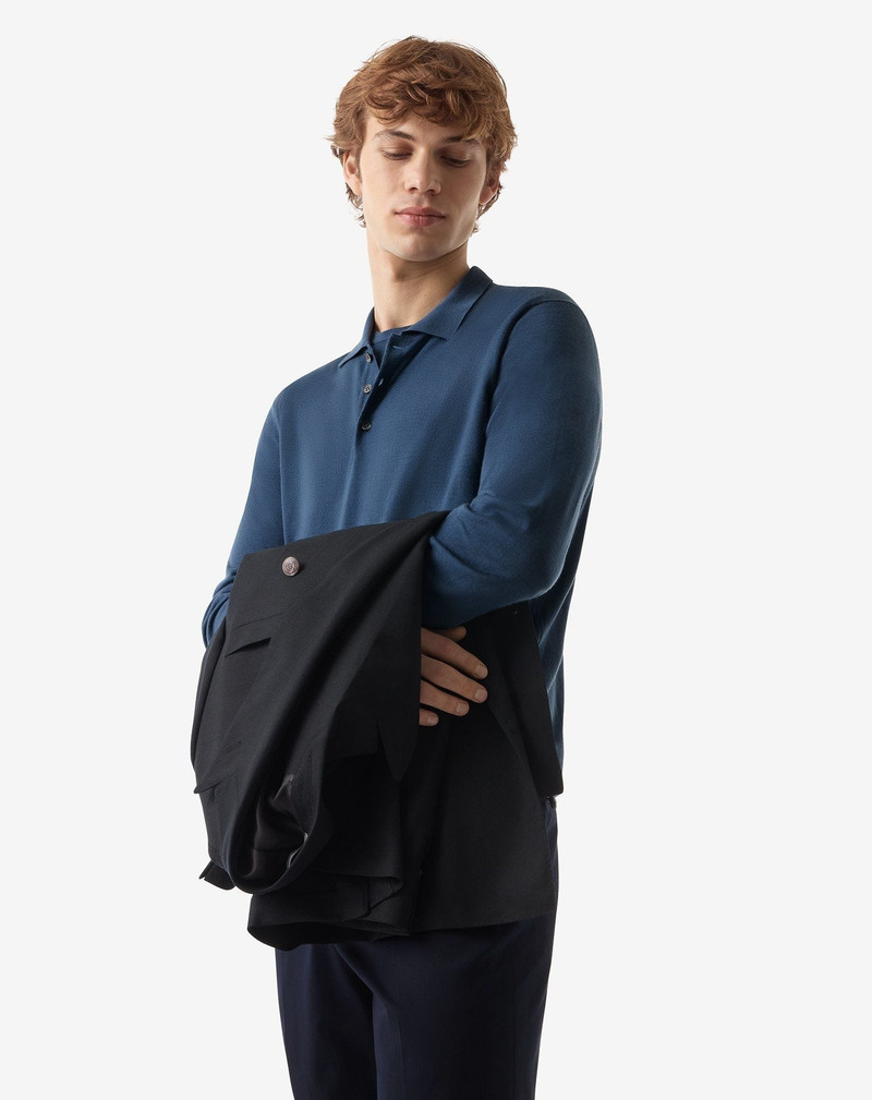 CORNELIANI Octane blue ultra fine wool button-up polo outlook