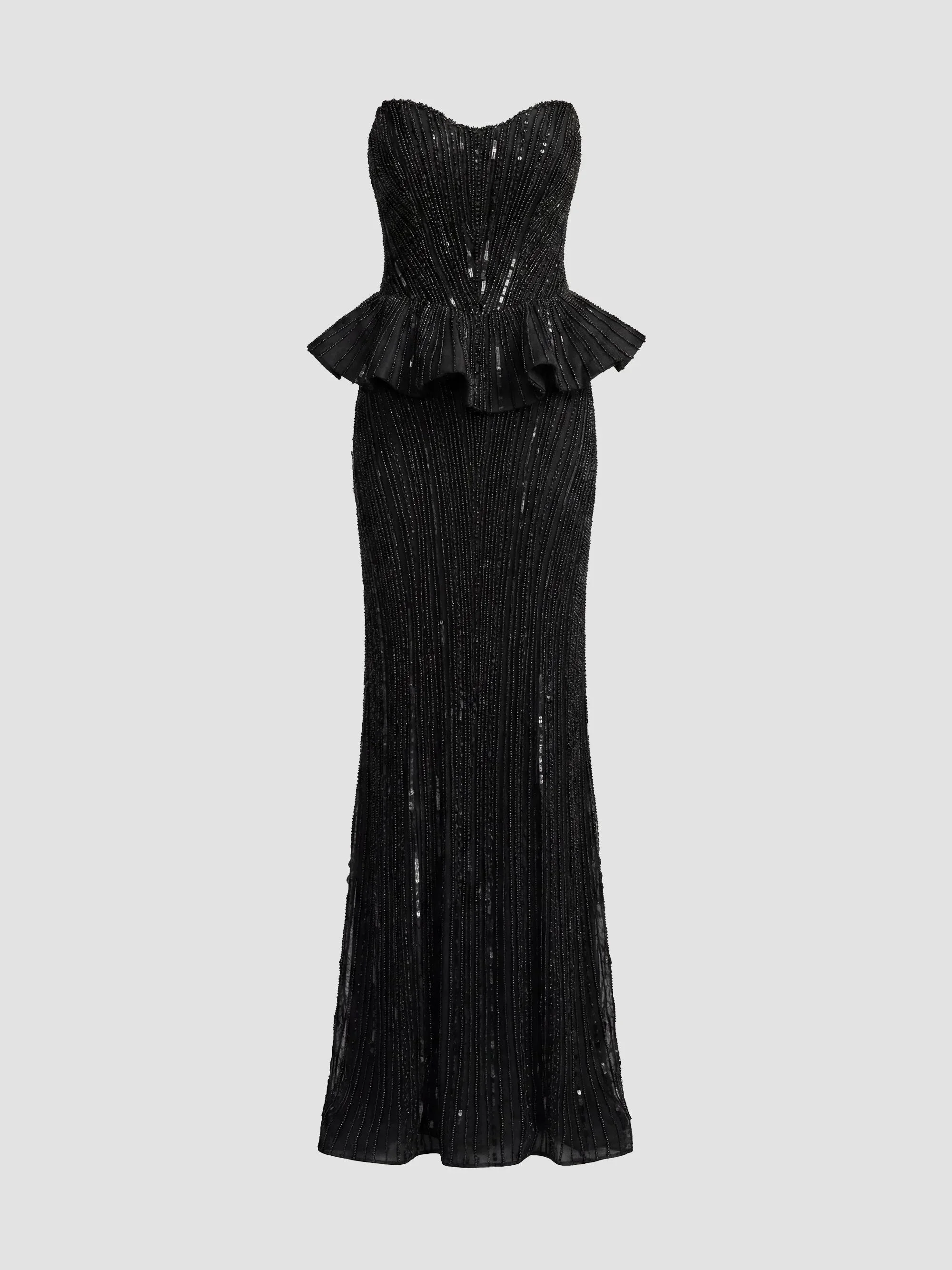 Women's Beaded Mesh Strapless Peplum Gown - Black - 1