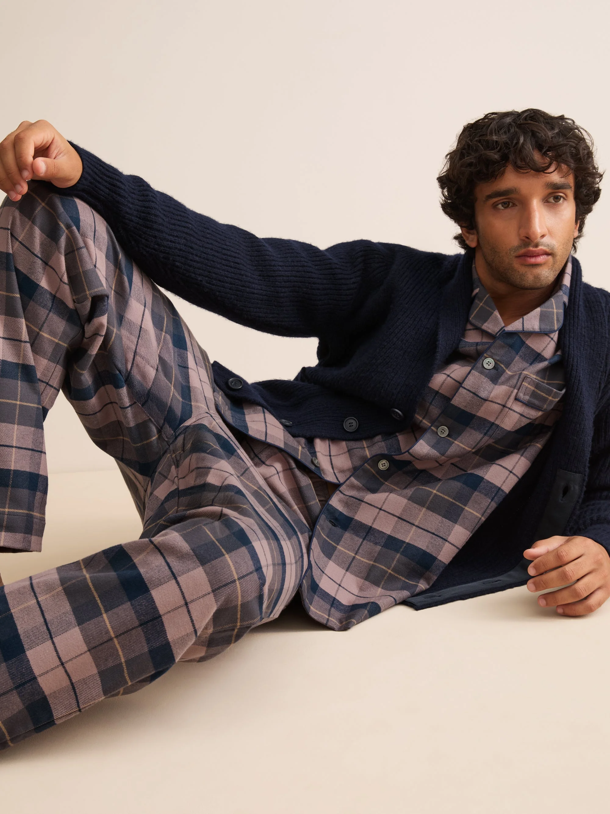 Kelburn Brushed Cotton Pajamas Navy & Dusty Pink Check - 1