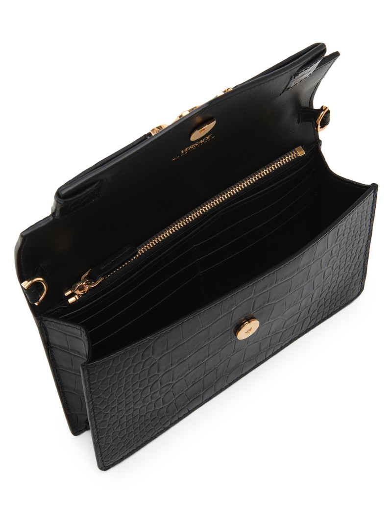 Women's Croc-Embossed Leather Wallet-On-Chain Shoulder Bag - Black Gold 4