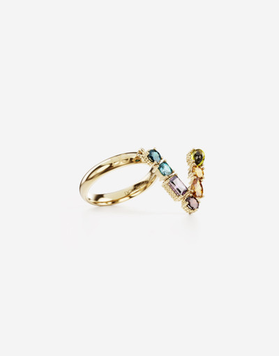 Dolce & Gabbana Rainbow alphabet V ring in yellow gold with multicolor fine gems outlook