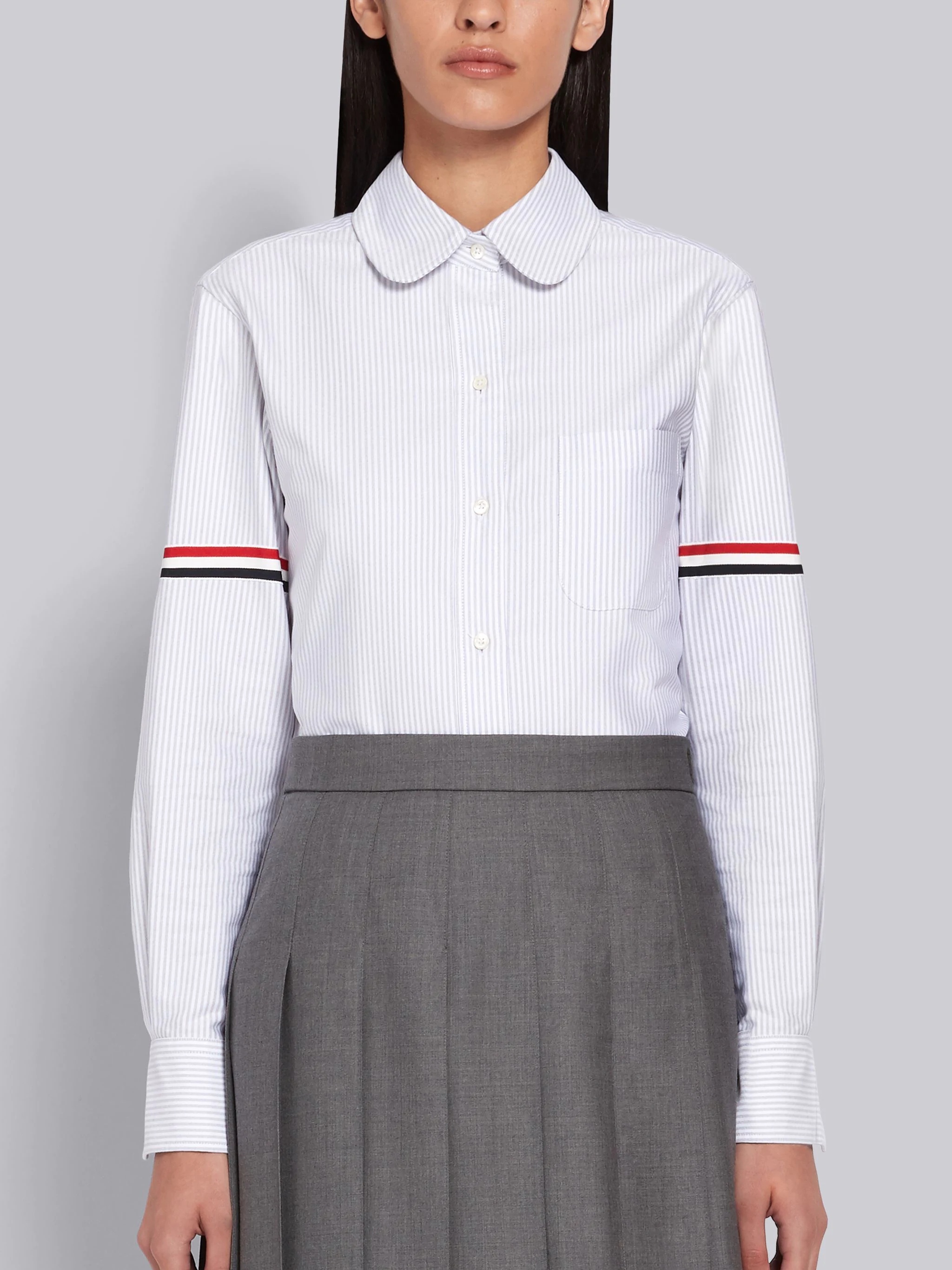 Medium Grey University Stripe Oxford Grosgrain Armband Long Sleeve Shirt - 1