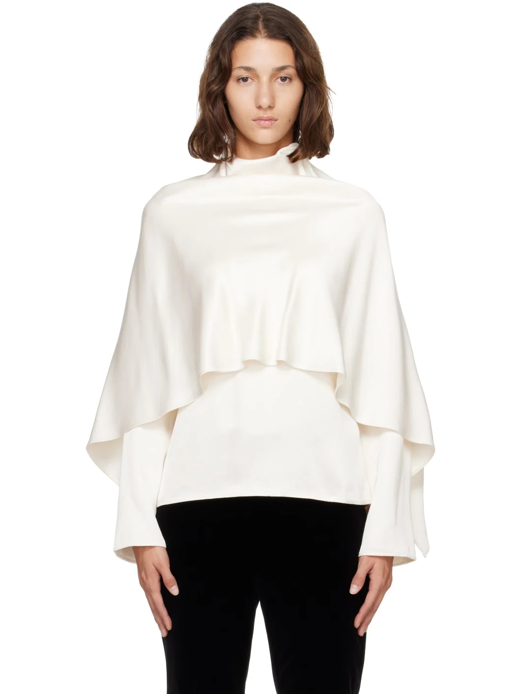Off-White Satin Cape Blouse - 1