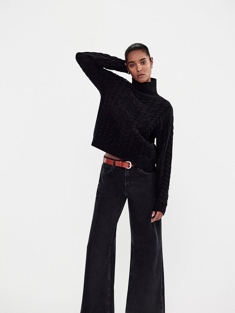 FRAME Cable Knit Turtleneck in Black outlook