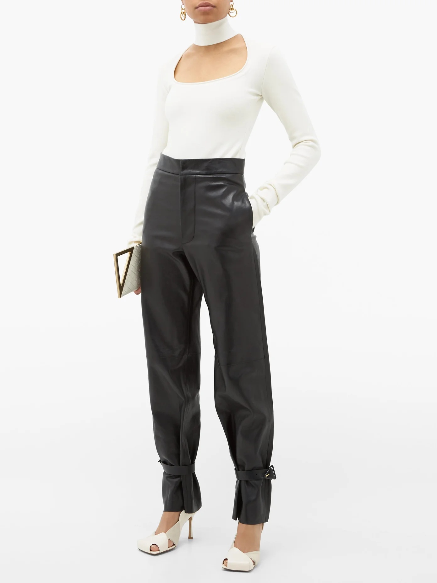 Tied-cuff leather wide-leg trousers - 3