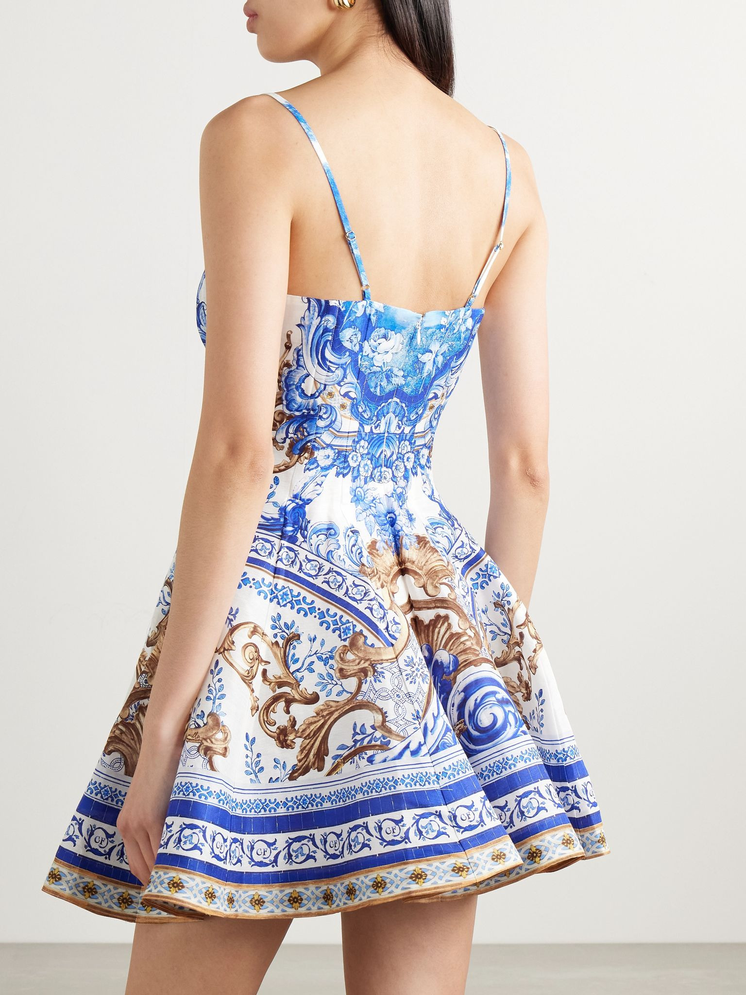 Pleated printed linen and silk-blend mini dress Blue - 4