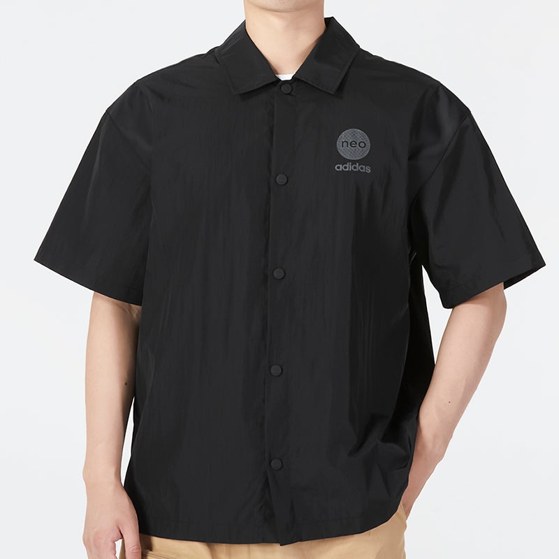 adidas neo Solid Color Alphabet Logo Printing Athleisure Casual Sports lapel Short Sleeve Shirt Blac - 3