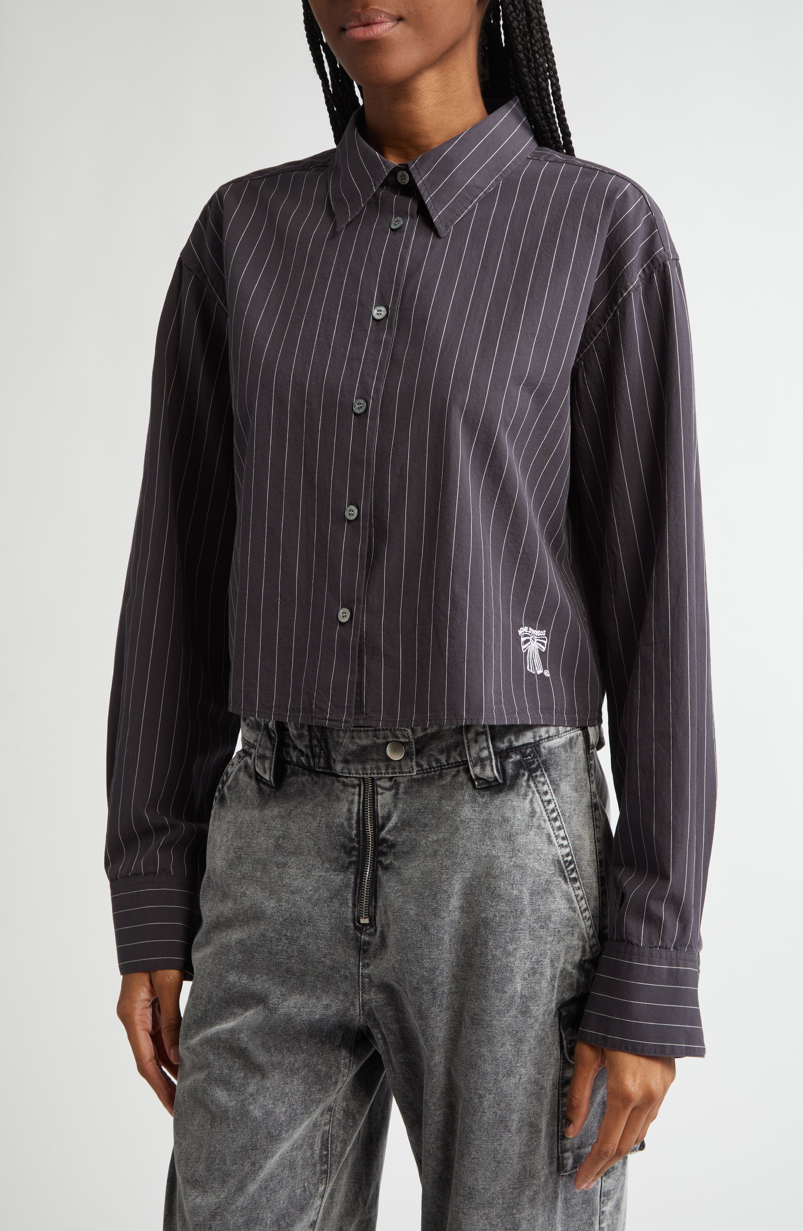 Acne Studios Satai Stripe Crop Organic Cotton Poplin Button-Up Shirt in Black/White J83 at Nordstrom - 5