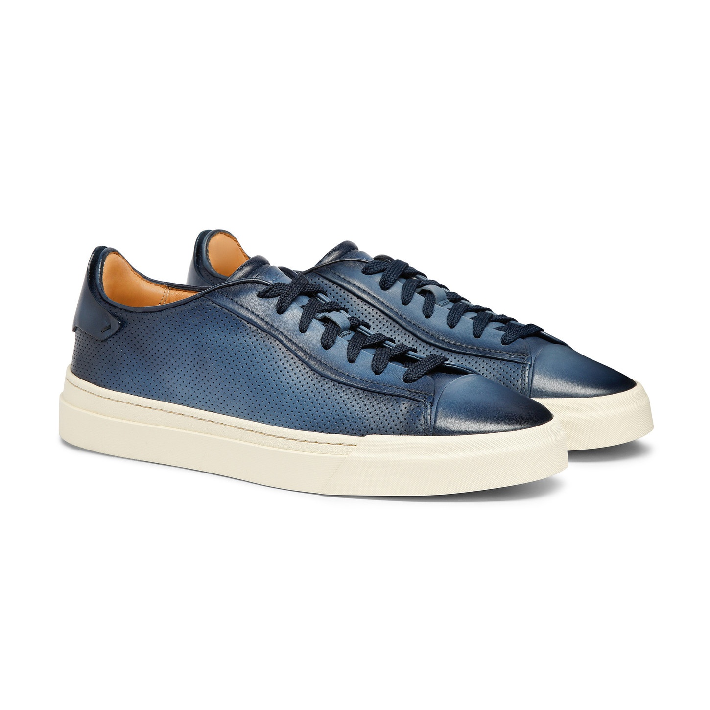 Men's polished blue leather perforated-effect sneaker - 3