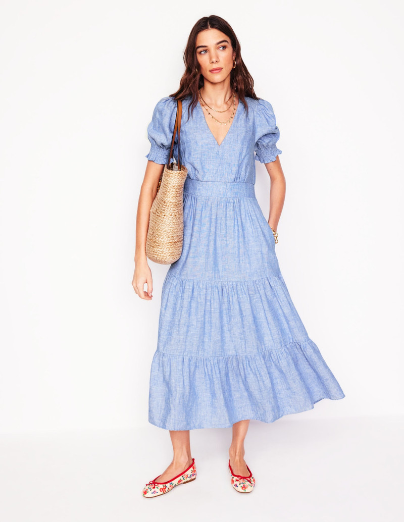Anna Linen Tiered Midi Dress-Summer Blue Chambray 5