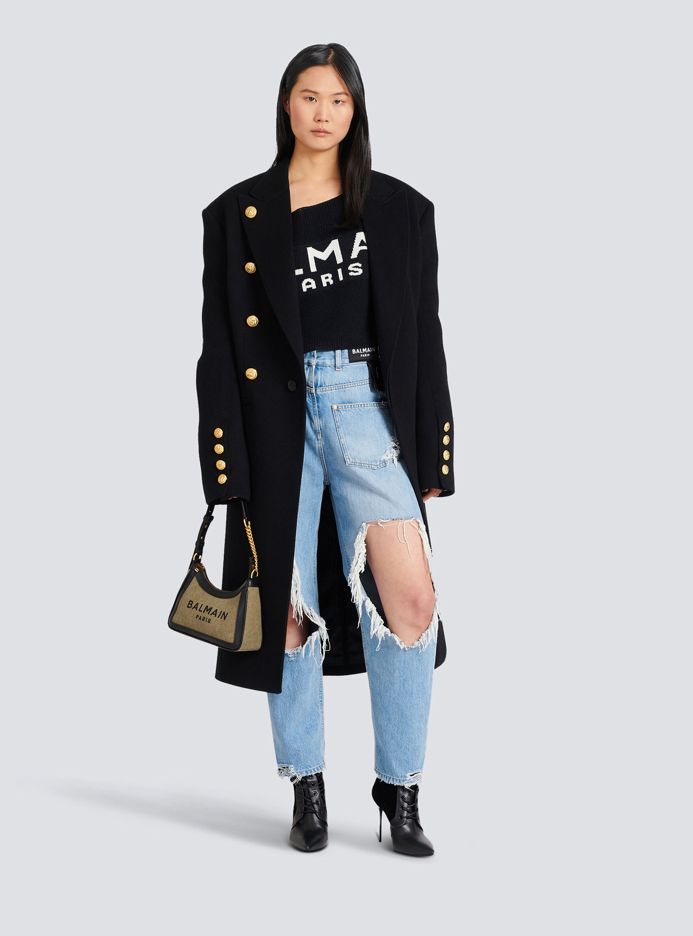 Cropped knit sweater with graffiti Balmain logo print - 2