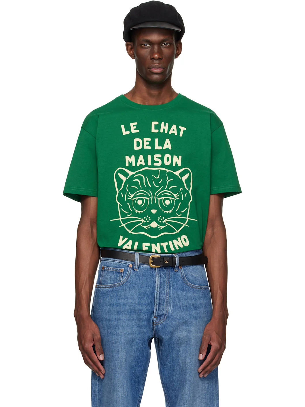 Green Cotton 'Le Chat De La Maison' Print T-shirt - 1