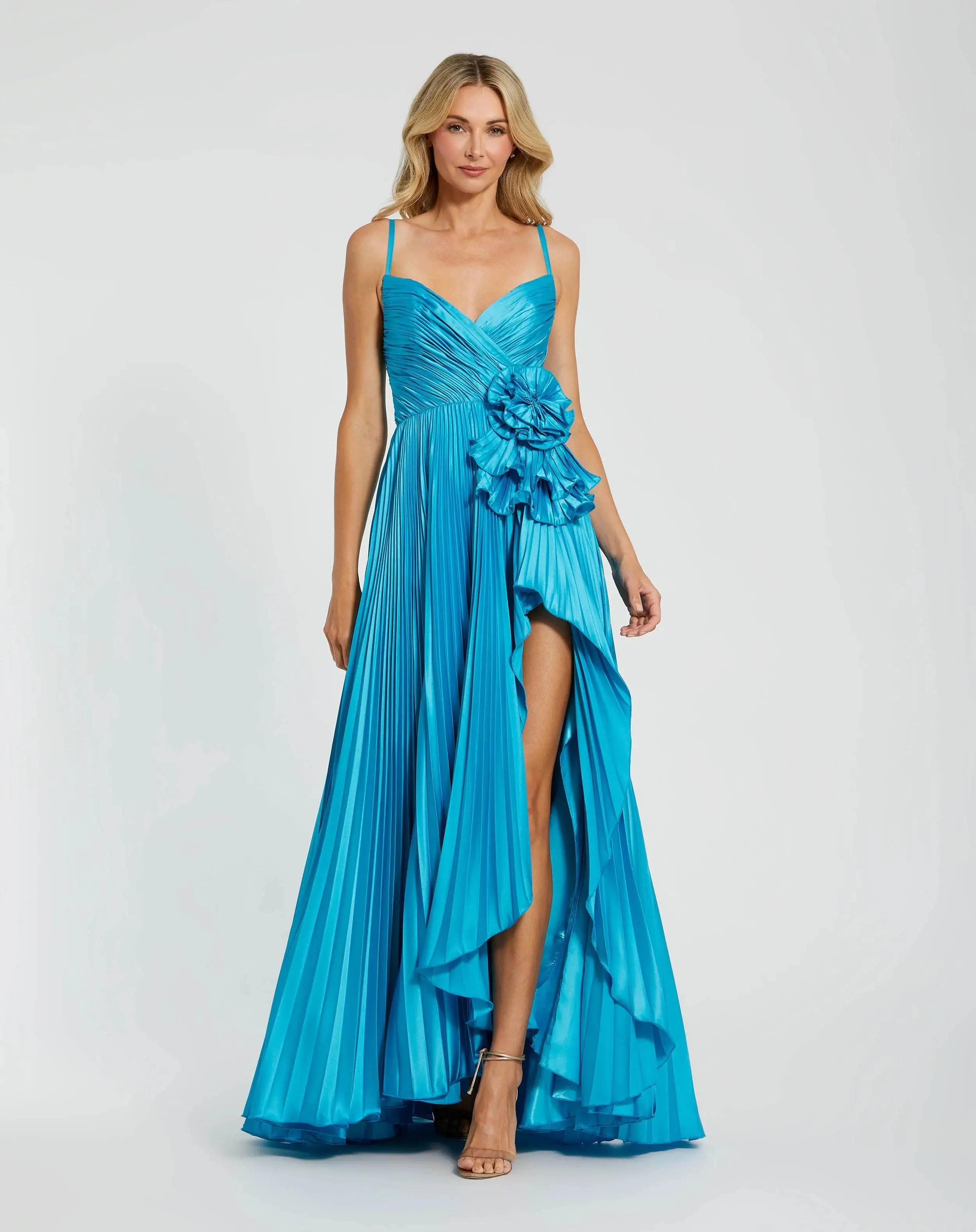 Turquoise Pleated High Low Gown with Rosette - 1