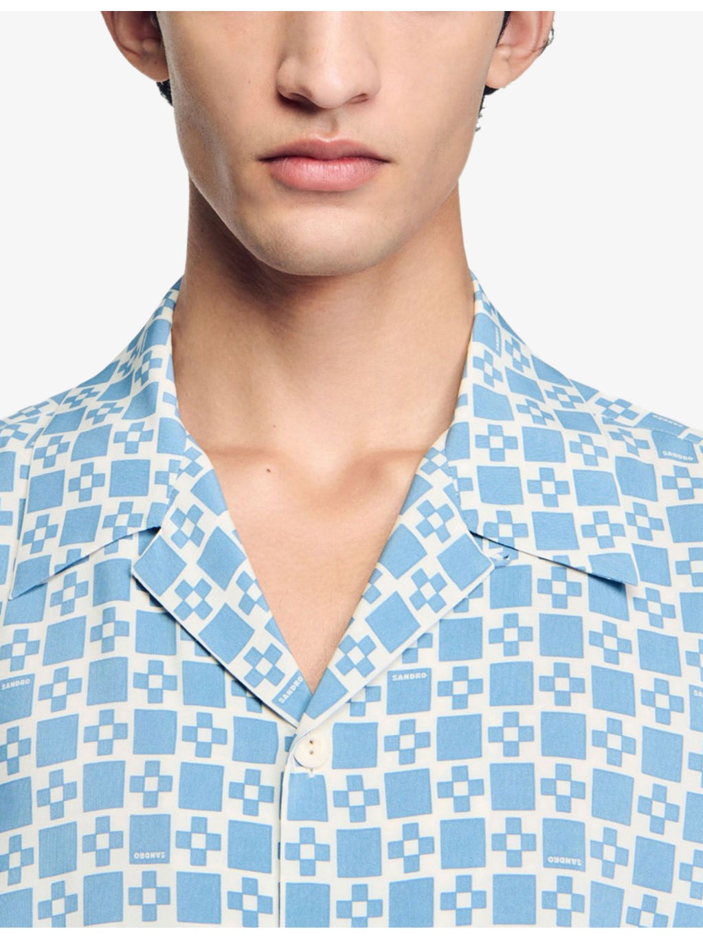 Square Cross-Print Short-Sleeve Satin Shirt - 5