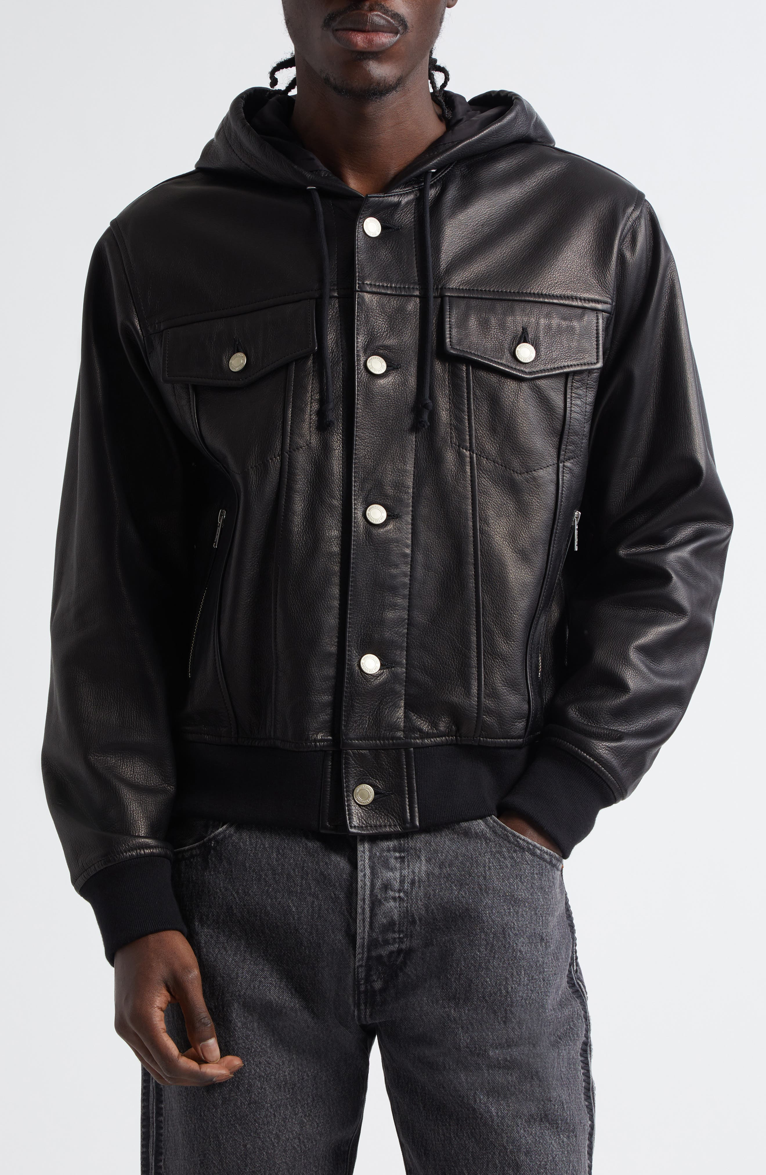 Undercover Hooded Leather Blouson Jacket in Black at Nordstrom - 1