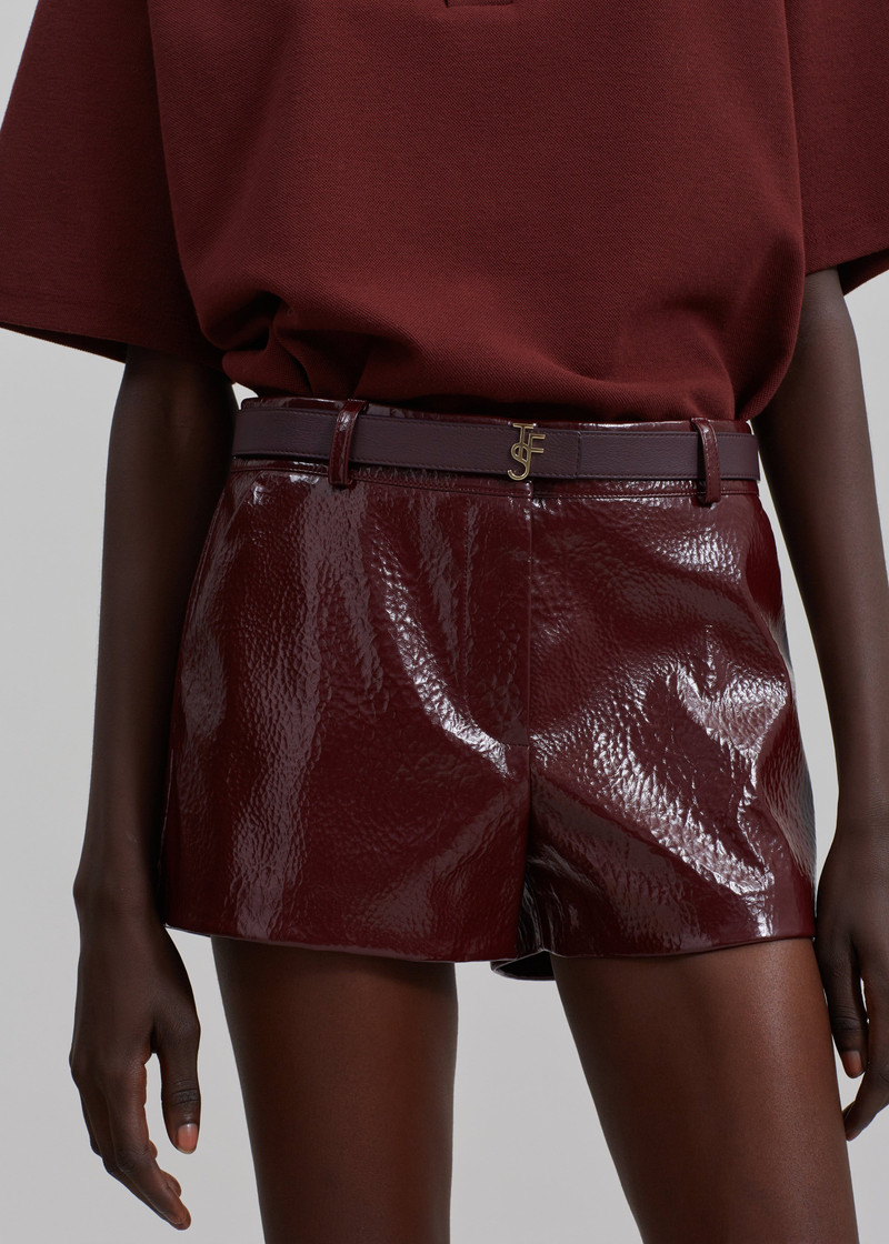 Kate Crackled Faux Leather Mini Shorts - Burgundy 4