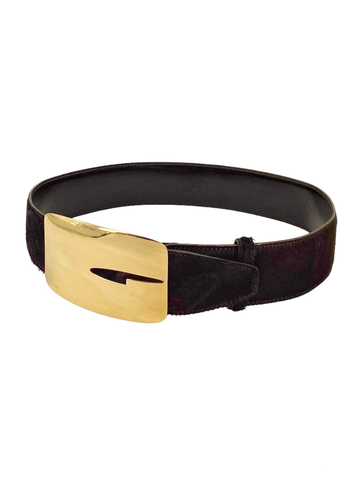 Gucci Fall 1996 Tom Ford Iconic Gold Logo Brown Pony Hair Belt 30 - 1