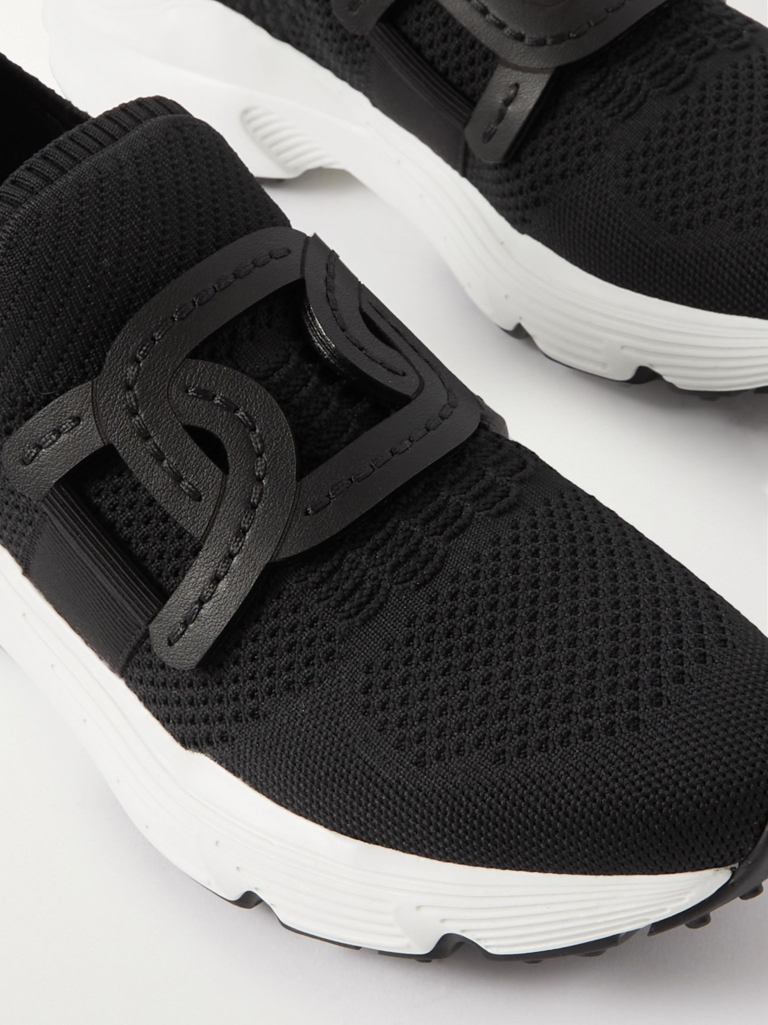 Leather-trimmed stretch-knit slip-on sneakers Black - 4