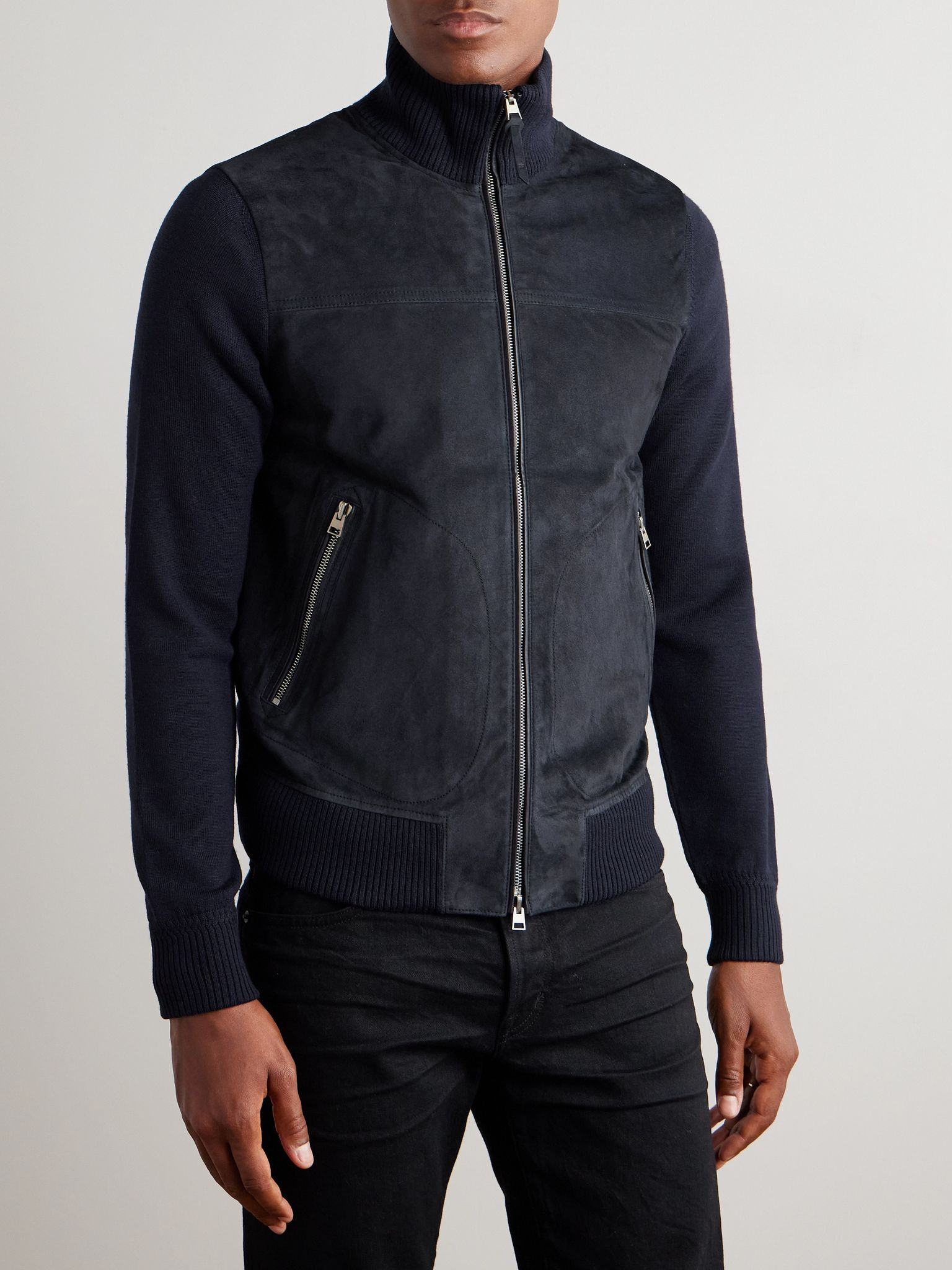 Slim-Fit Suede and Merino Wool and Cashmere-Blend Jacket Navy - 3
