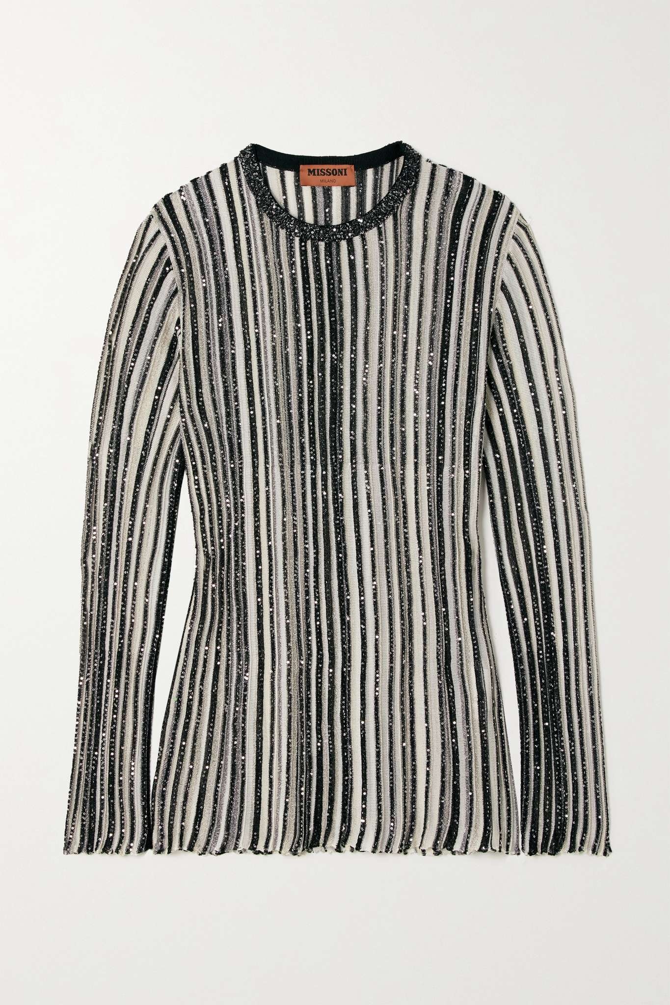 Embellished metallic striped crochet-knit sweater - 1